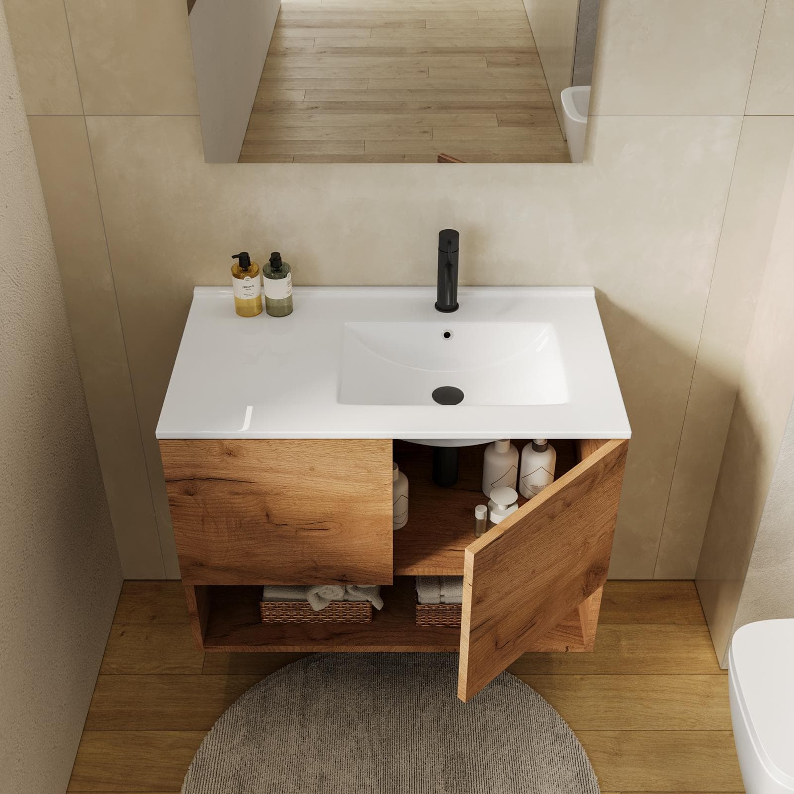 Mobile bagno sospeso 80 cm rovere gold con lavabo dx e specchio - Lion