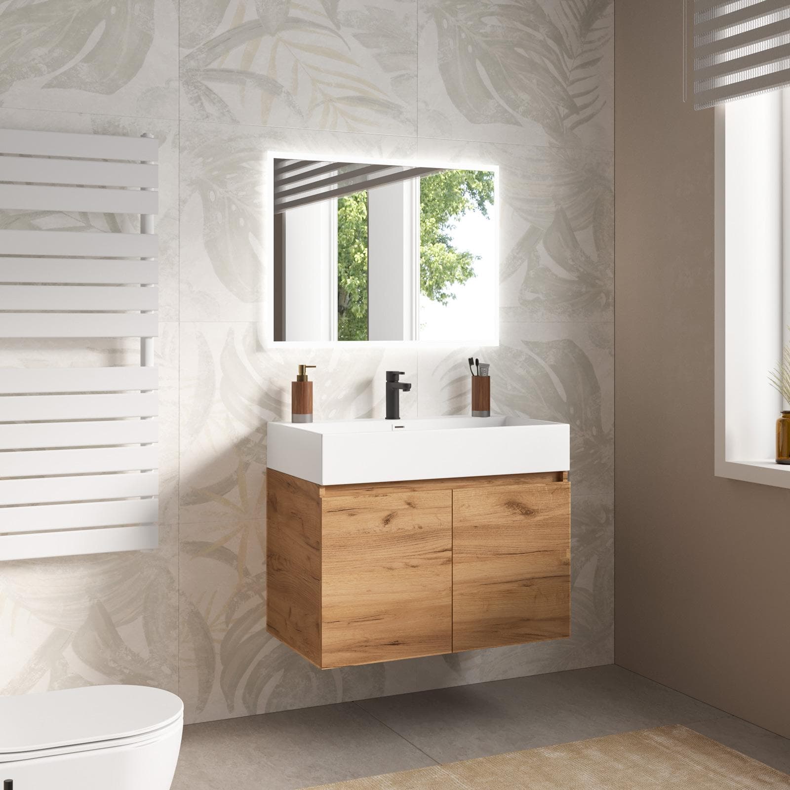 Mobile bagno sospeso 80 cm rovere gold con lavabo integrato e specchio - Cuki