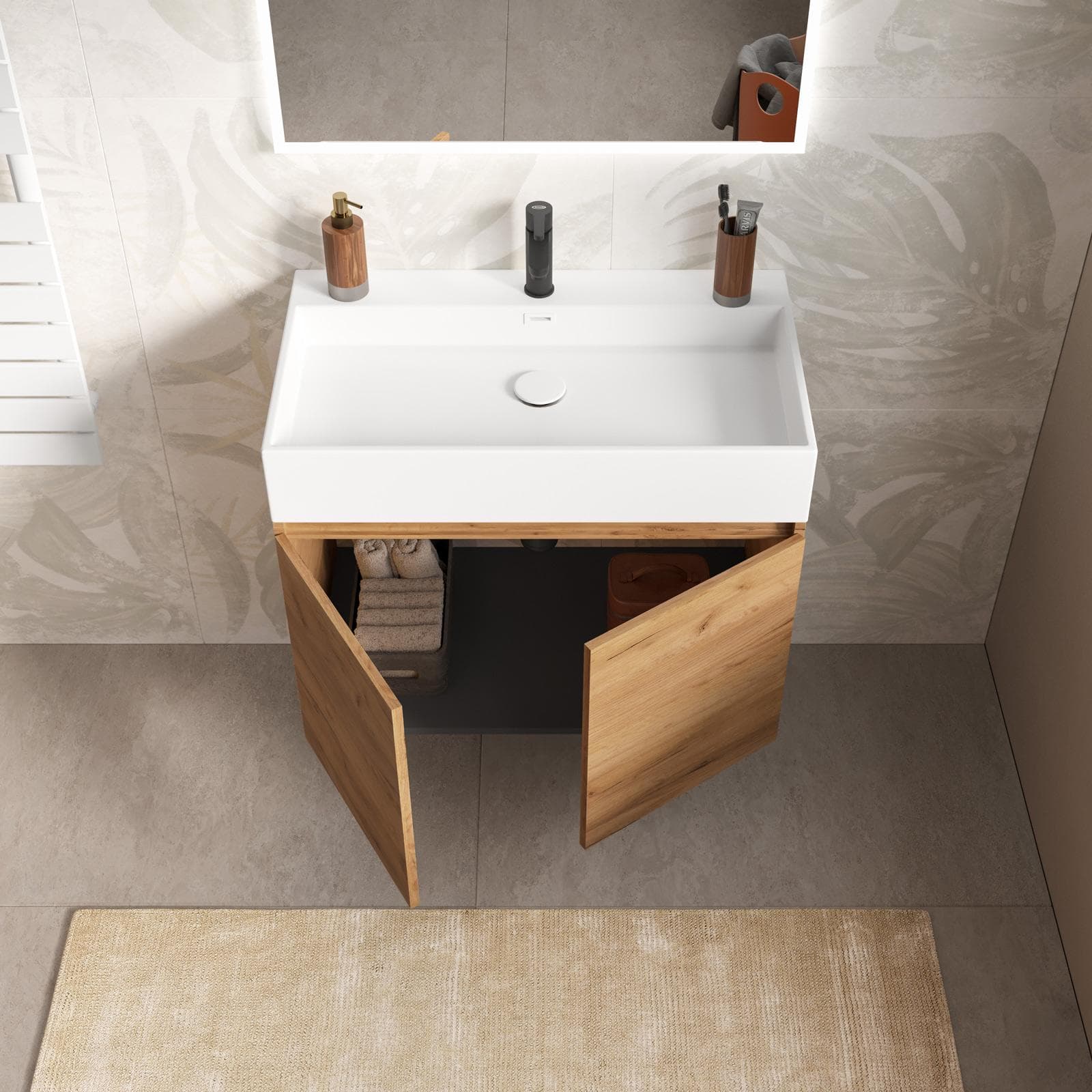 Mobile bagno sospeso 80 cm rovere gold con lavabo integrato e specchio - Cuki