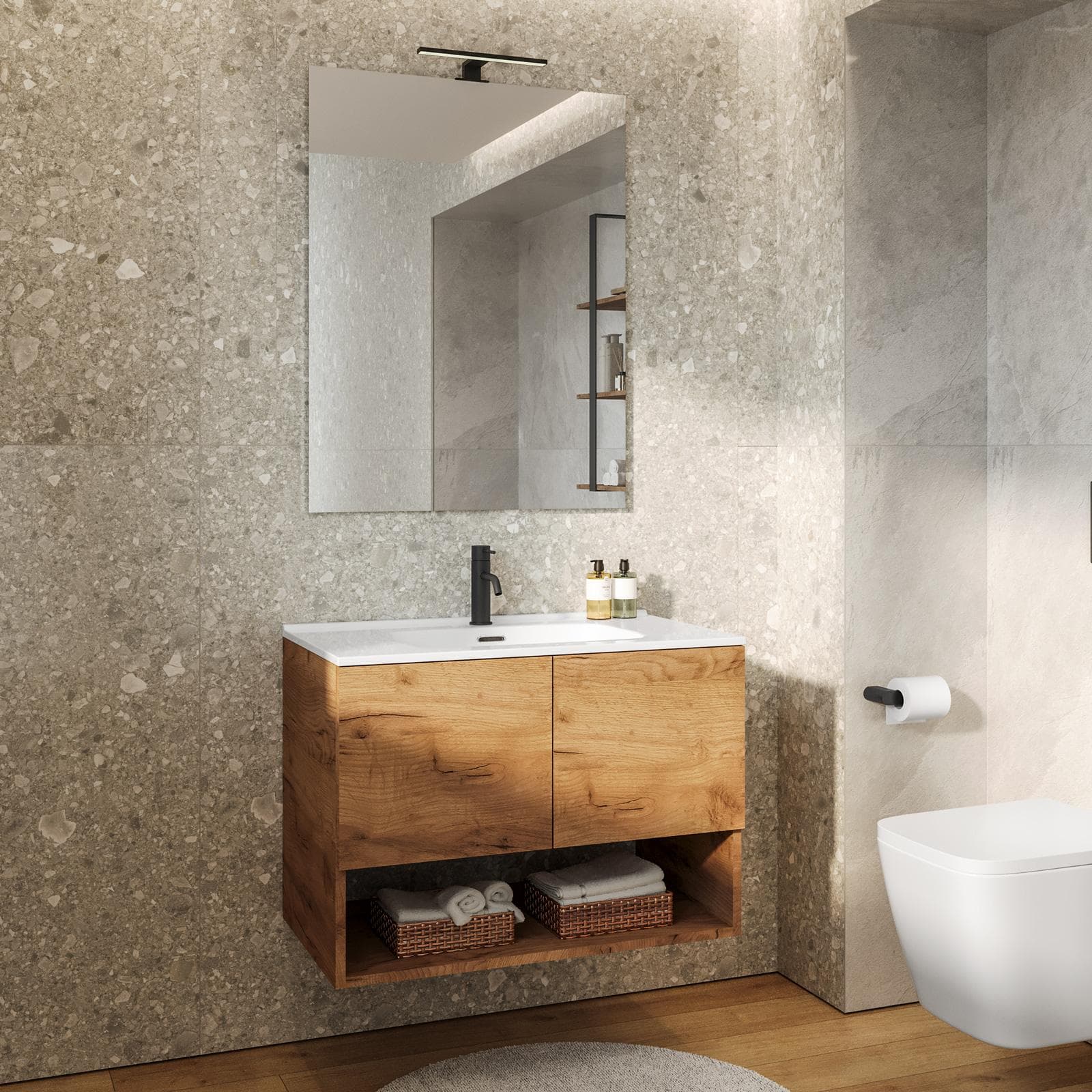 Mobile bagno sospeso 80 cm rovere gold con lavabo integrato e specchio - Lion