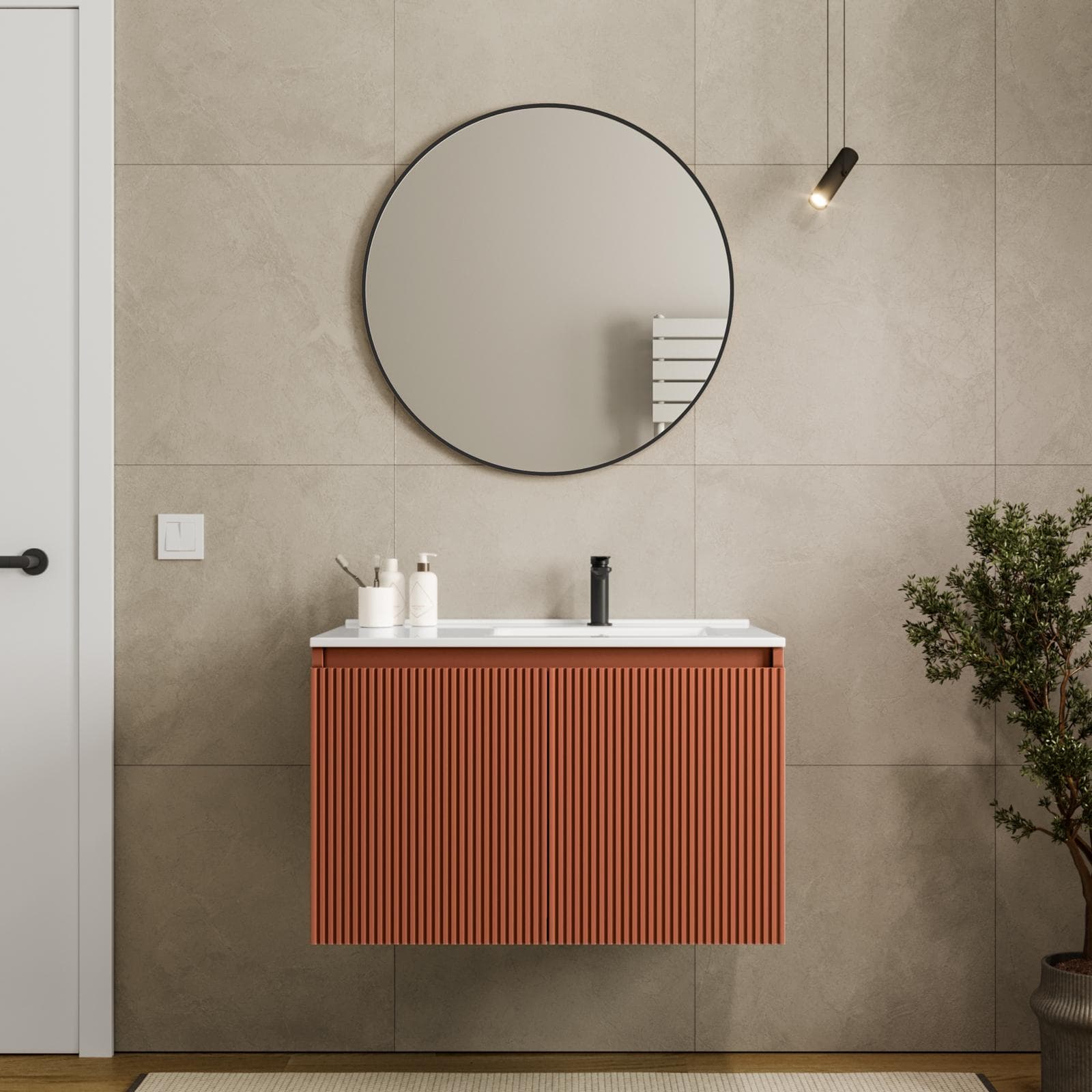 Mobile bagno sospeso 80 cm terracotta cannettato con lavabo dx e specchio - Nerk