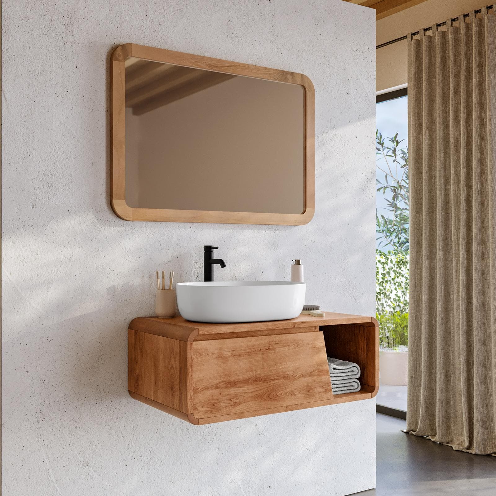 Mobile bagno sospeso 80 cm vano a destra in teak naturale - Arborea