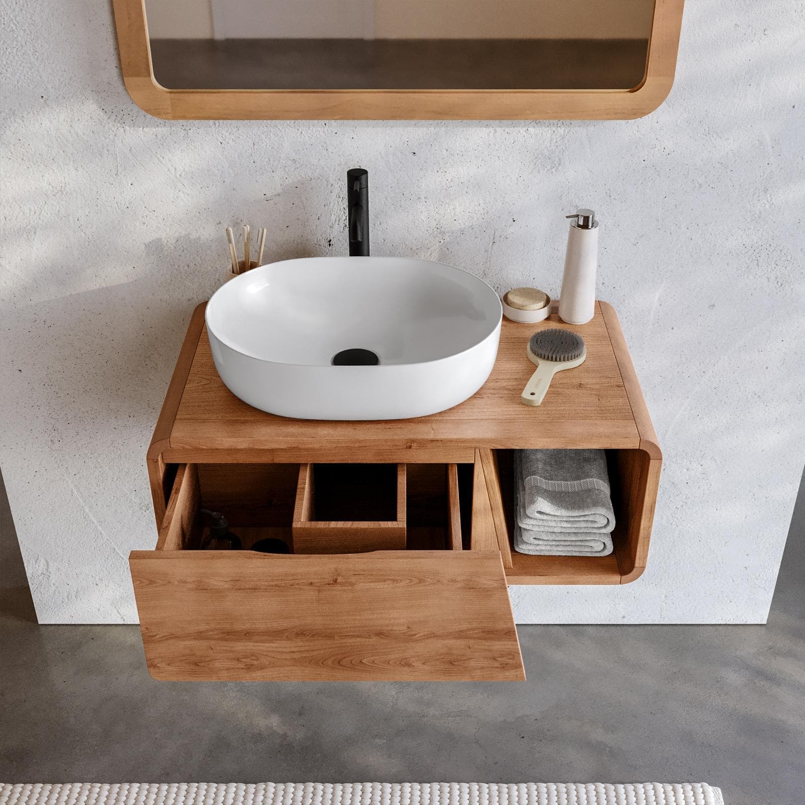 Mobile bagno sospeso 80 cm vano a destra in teak naturale - Arborea