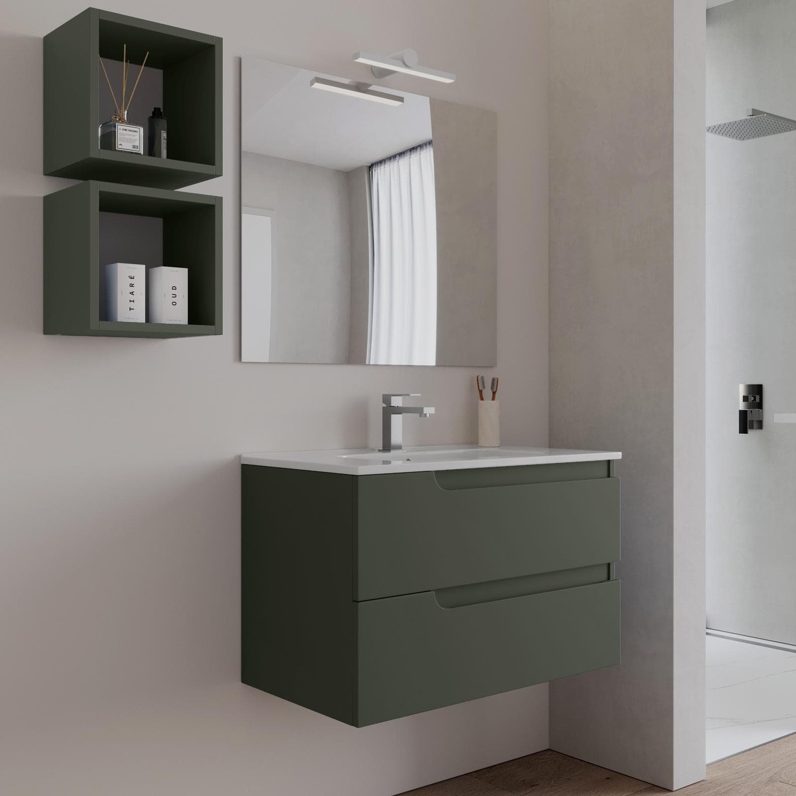 Mobile bagno sospeso 80 cm verde cemento con lavabo e specchio - Agave Plus