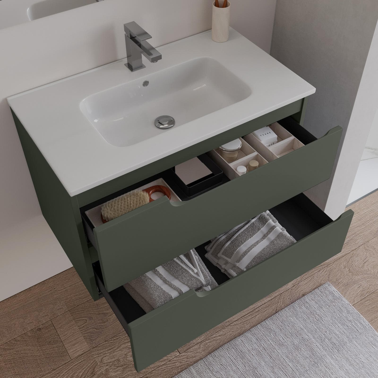 Mobile bagno sospeso 80 cm verde cemento con lavabo e specchio - Agave Plus