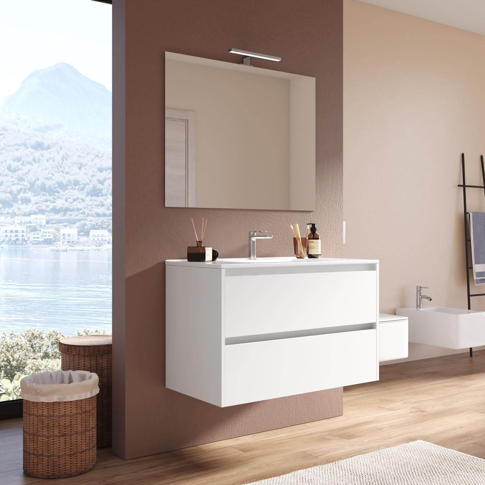 Mobile bagno sospeso 80 cm white satinato con cassetti e lavabo con specchio - Medora