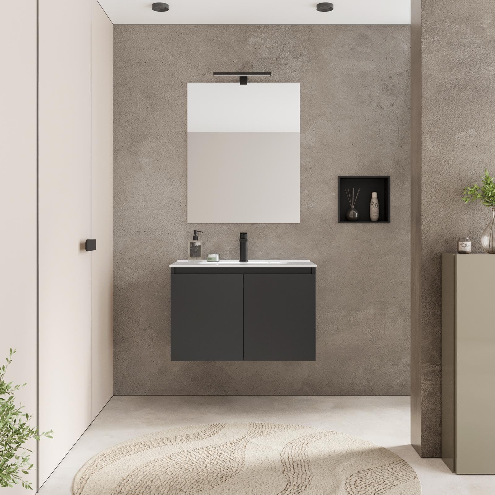 Mobile bagno sospeso 80 x 39 cm con ante antracite opaco e lavabo con specchio - Adonys