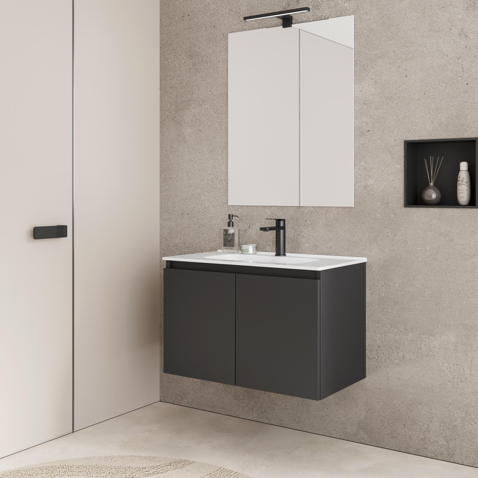 Mobile bagno sospeso 80 x 39 cm con ante antracite opaco e lavabo con specchio - Adonys