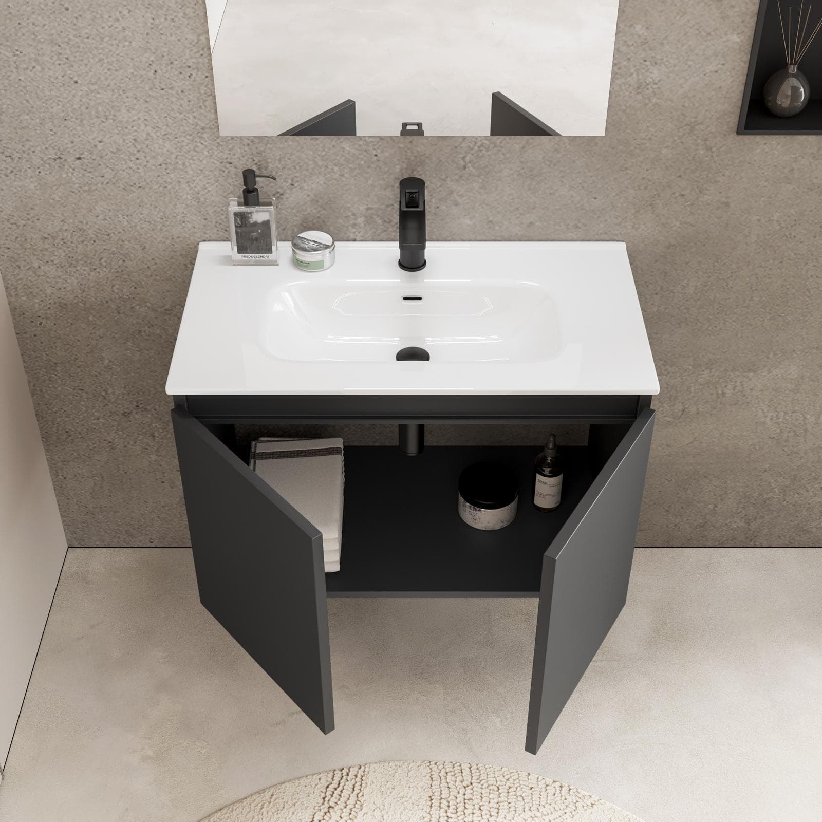 Mobile bagno sospeso 80 x 39 cm con ante antracite opaco e lavabo con specchio - Adonys