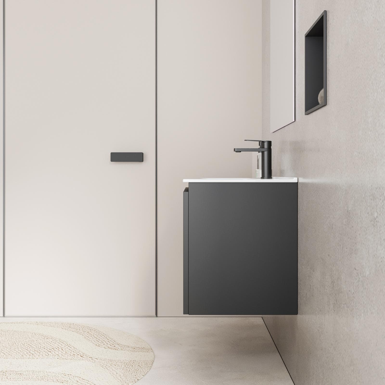 Mobile bagno sospeso 80 x 39 cm con ante antracite opaco e lavabo con specchio - Adonys