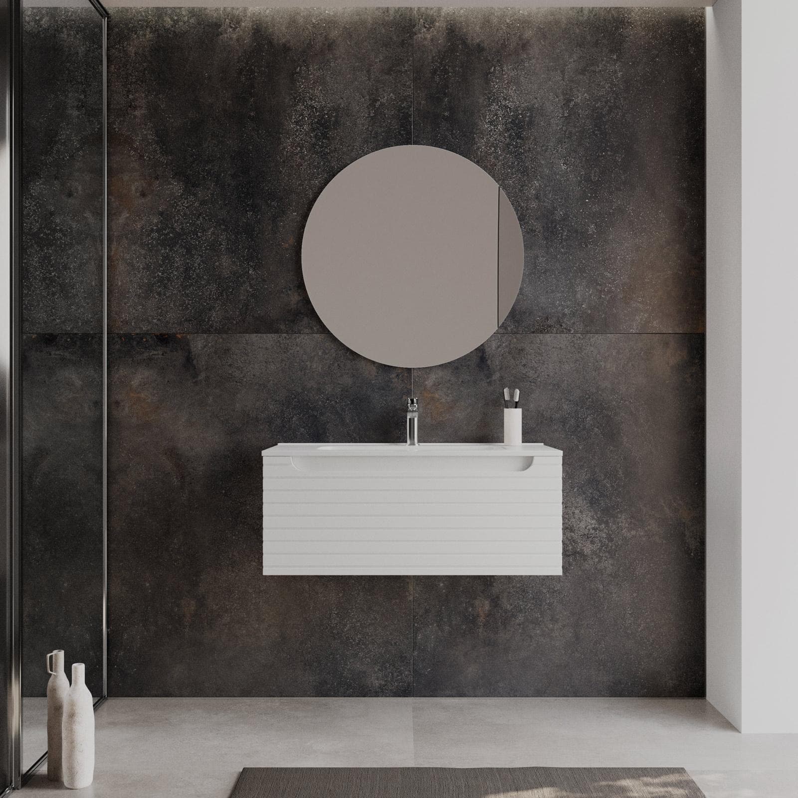 Mobile bagno sospeso 90 cm bianco opaco cannettato con cassetto e lavabo con specchio - Deck