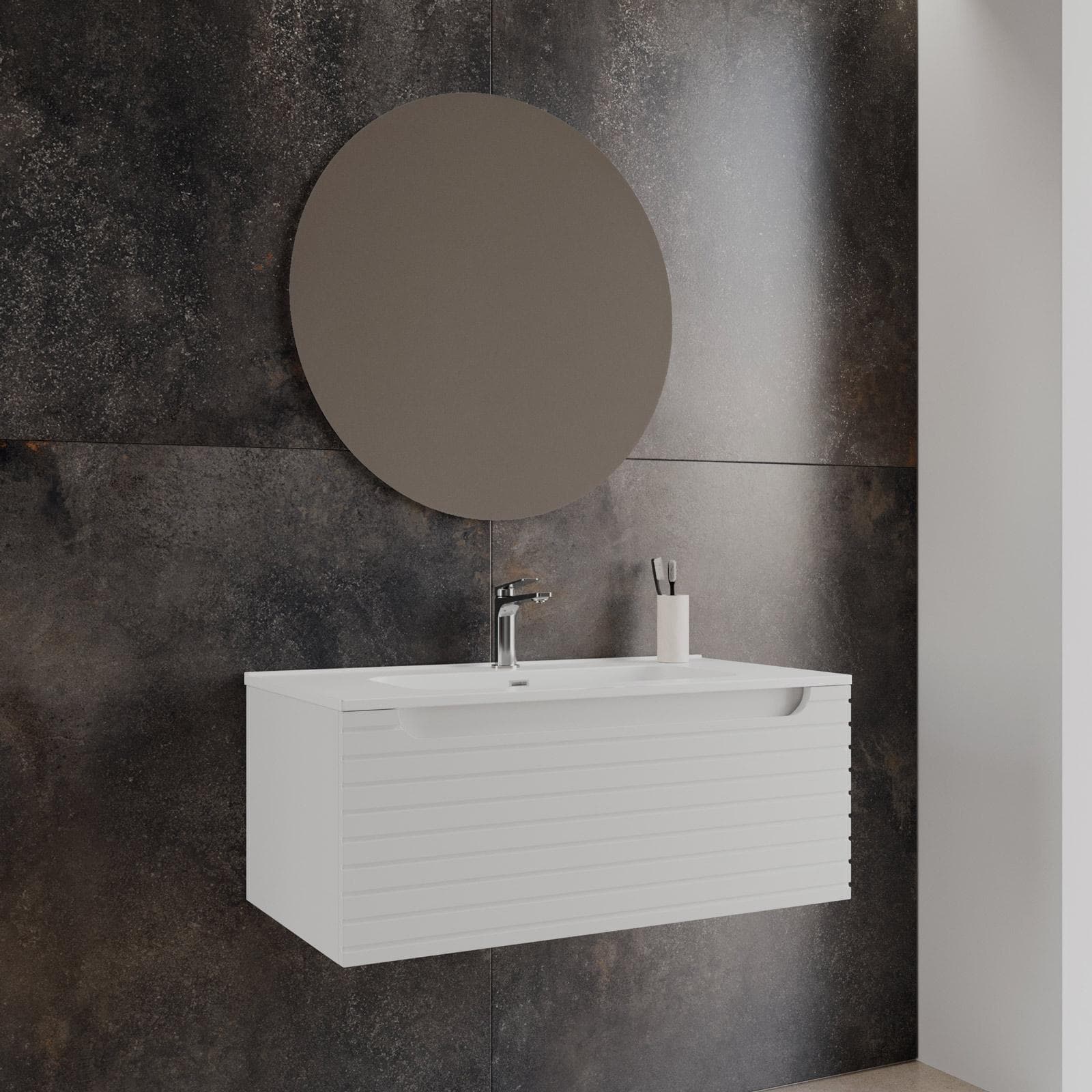 Mobile bagno sospeso 90 cm bianco opaco cannettato con cassetto e lavabo con specchio - Deck