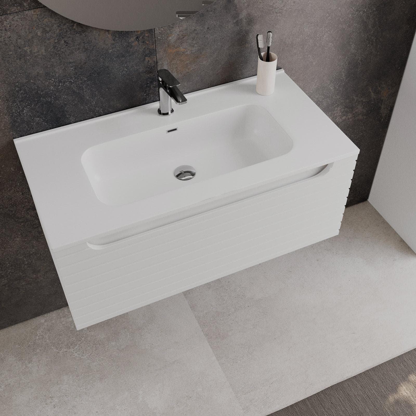Mobile bagno sospeso 90 cm bianco opaco cannettato con cassetto e lavabo con specchio - Deck