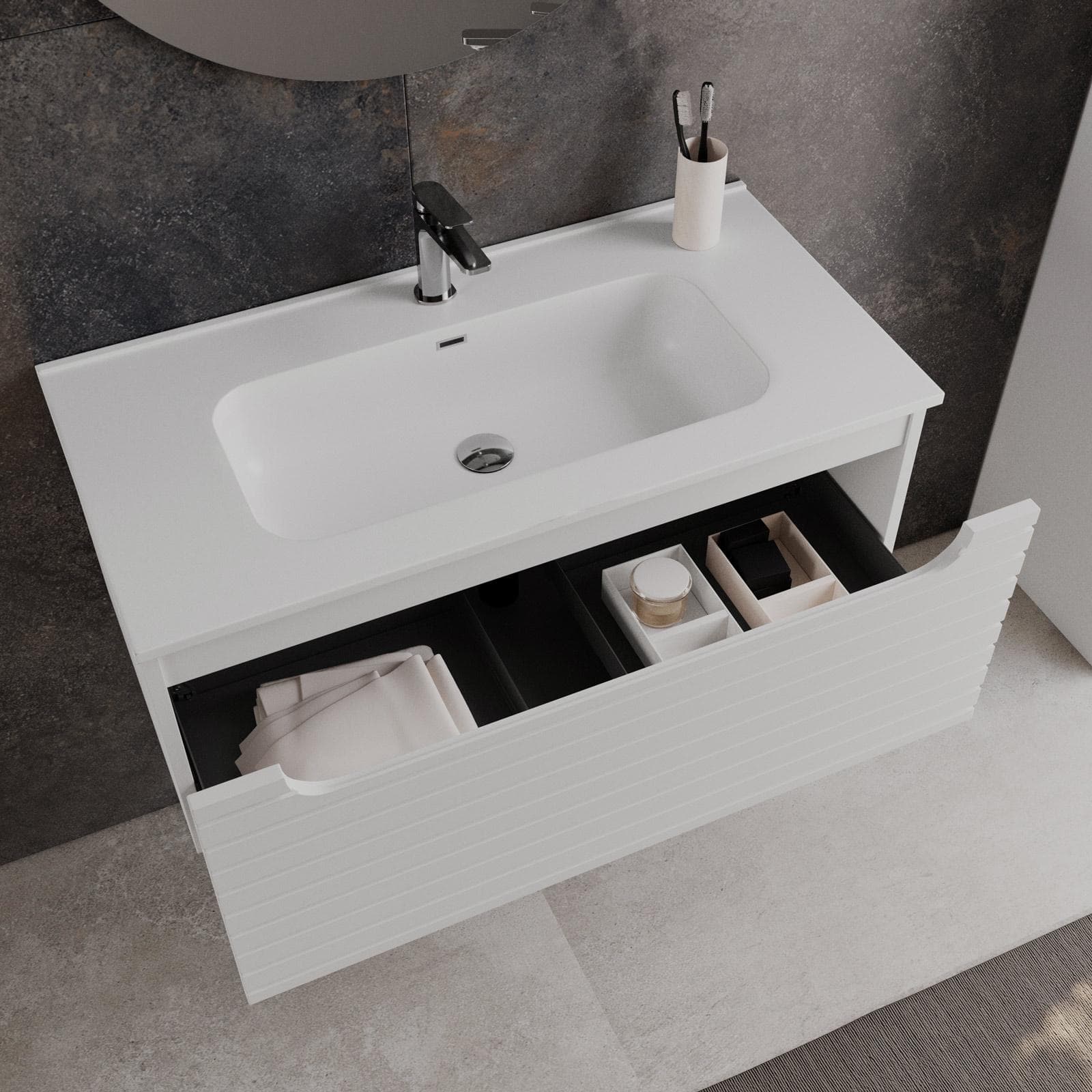 Mobile bagno sospeso 90 cm bianco opaco cannettato con cassetto e lavabo con specchio - Deck