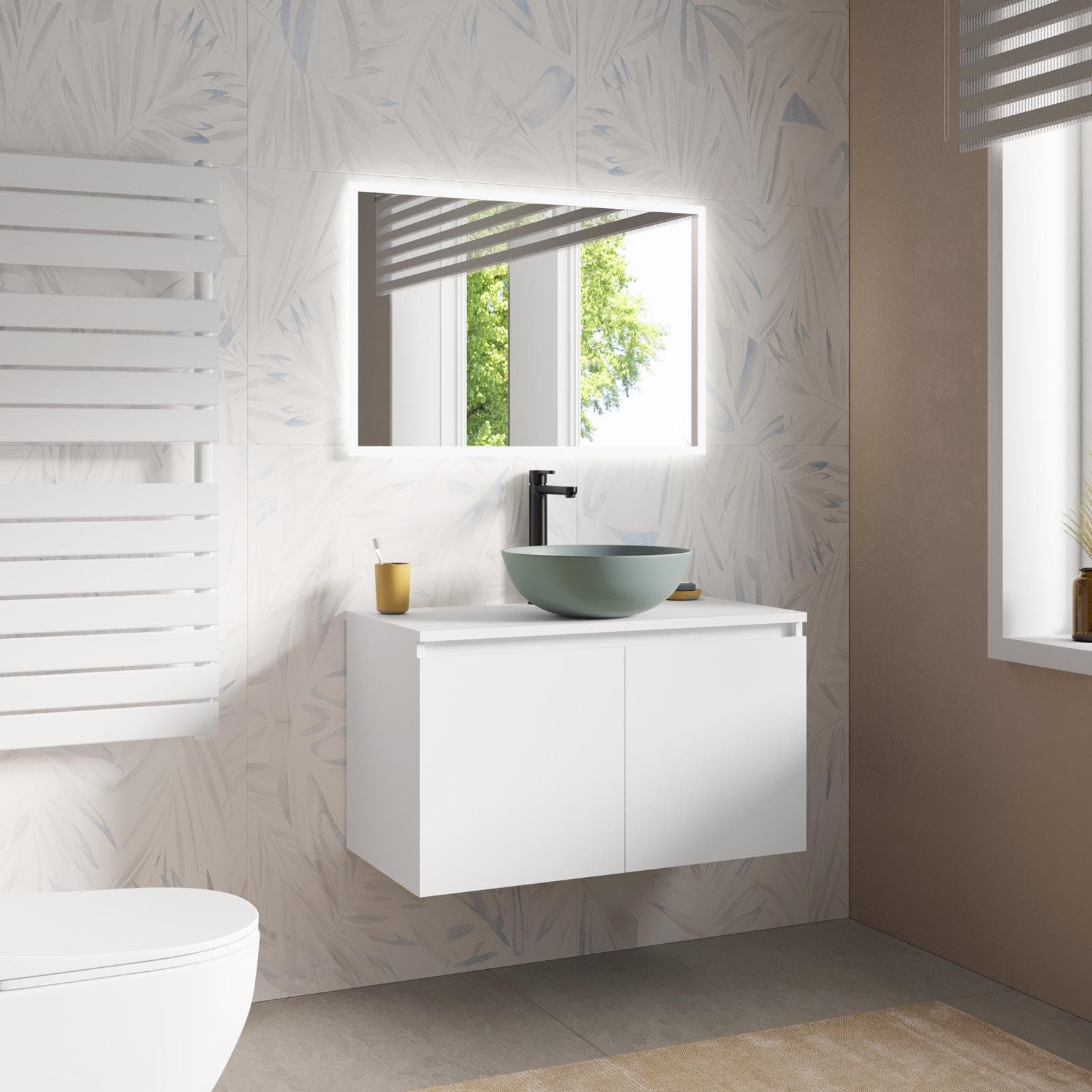 Mobile bagno sospeso 90 cm bianco opaco con top e specchio - Cuki