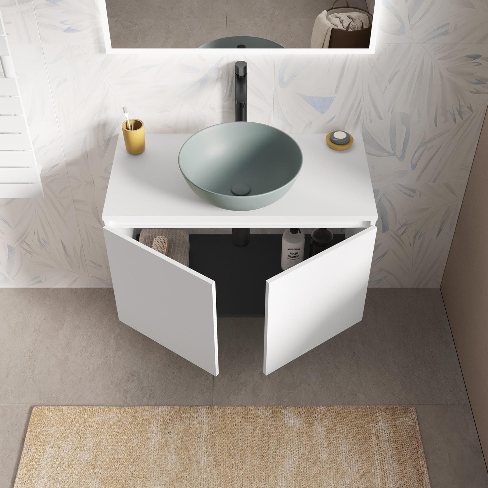 Mobile bagno sospeso 90 cm bianco opaco con top e specchio - Cuki