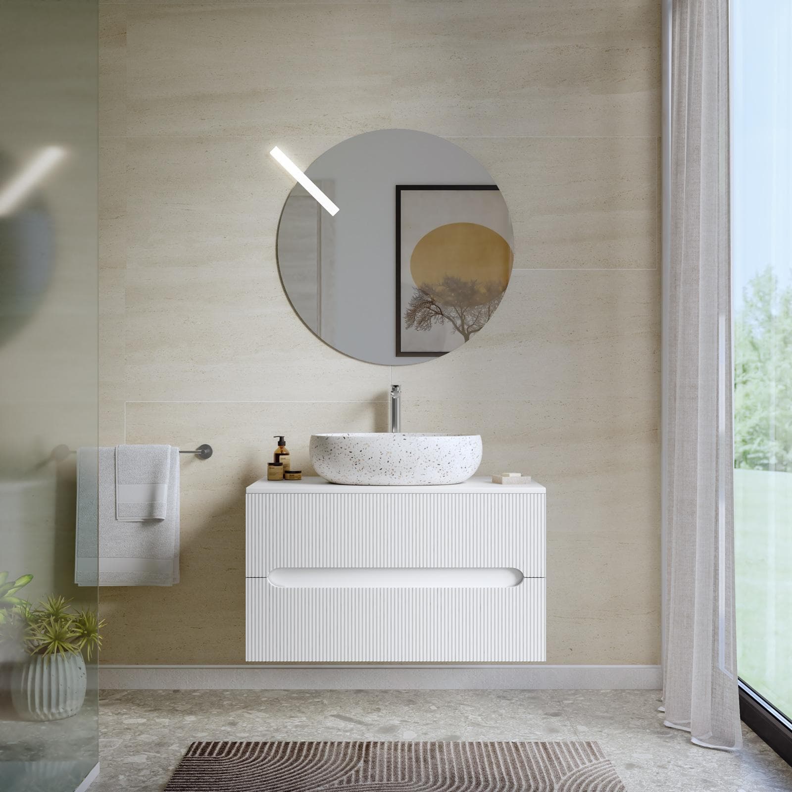 Mobile bagno sospeso 90 cm cannettato con cassetti bianco opaco e top - Tayga