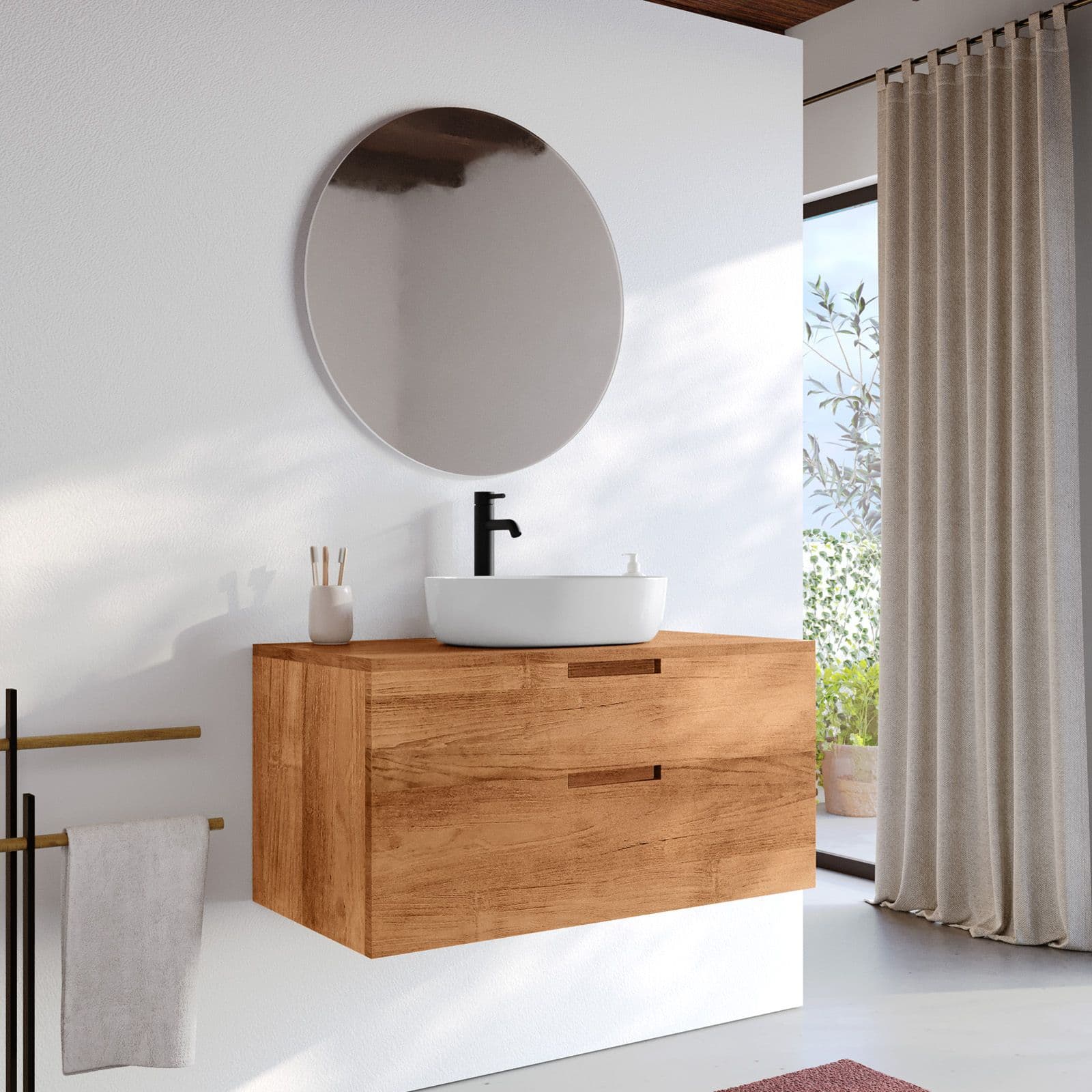 Mobile bagno sospeso 90 cm con 2 cassetti in legno teak naturale - Kala