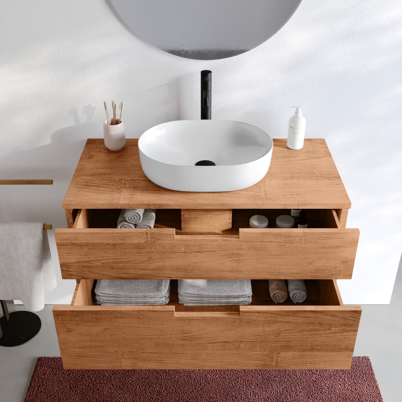 Mobile bagno sospeso 90 cm con 2 cassetti in legno teak naturale - Kala