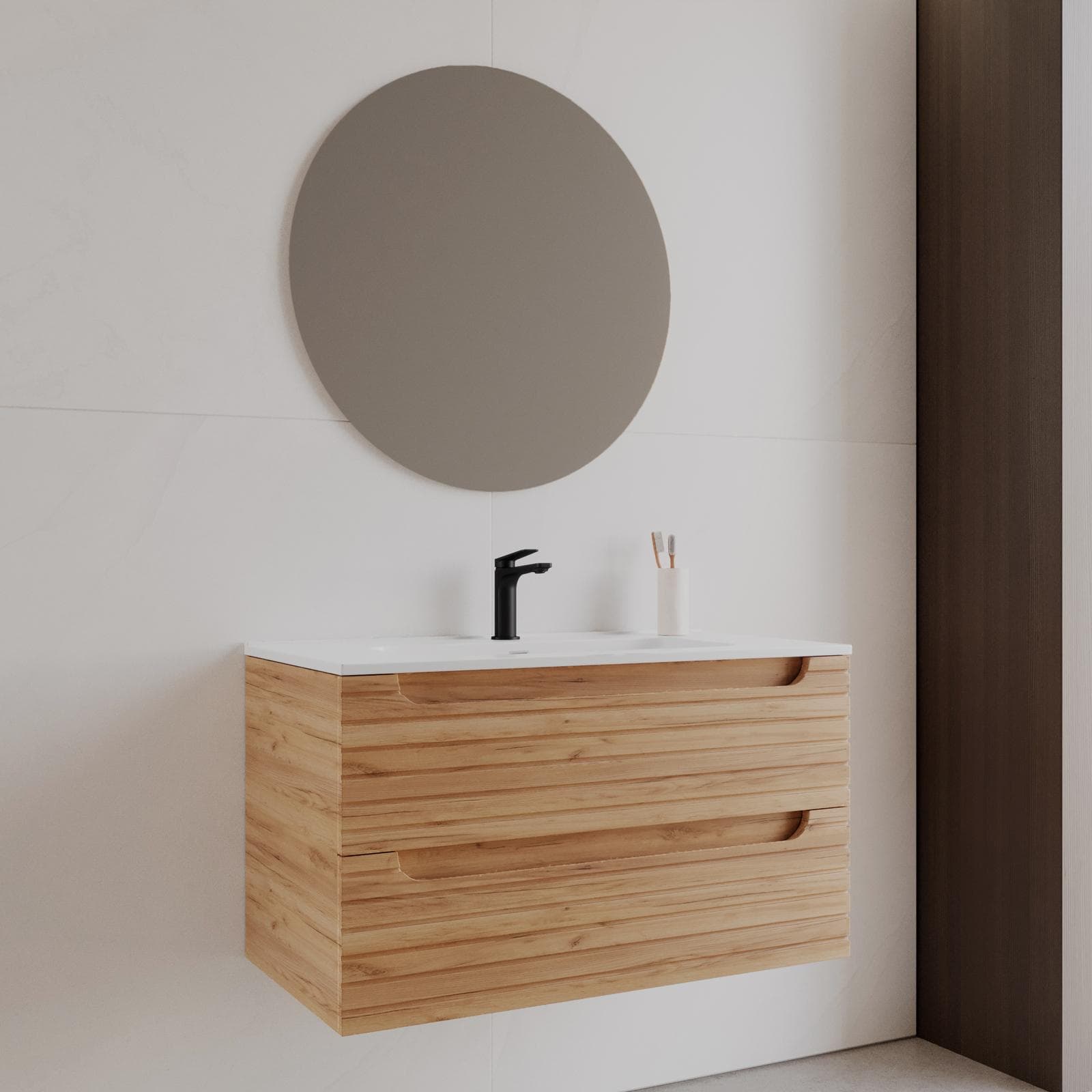 Mobile bagno sospeso 90 cm rovere gold cannettato con cassetti e lavabo con specchio - Deck