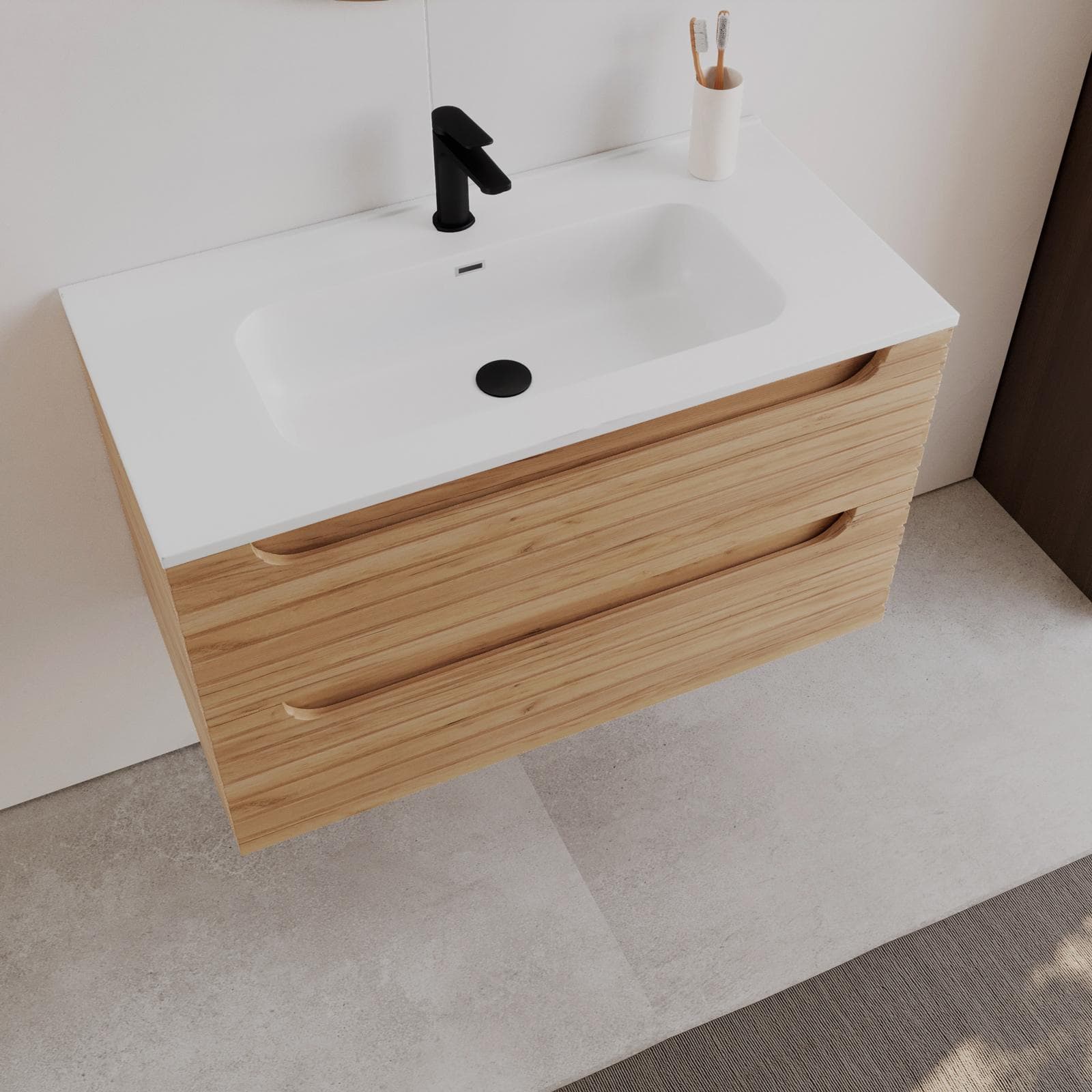 Mobile bagno sospeso 90 cm rovere gold cannettato con cassetti e lavabo con specchio - Deck