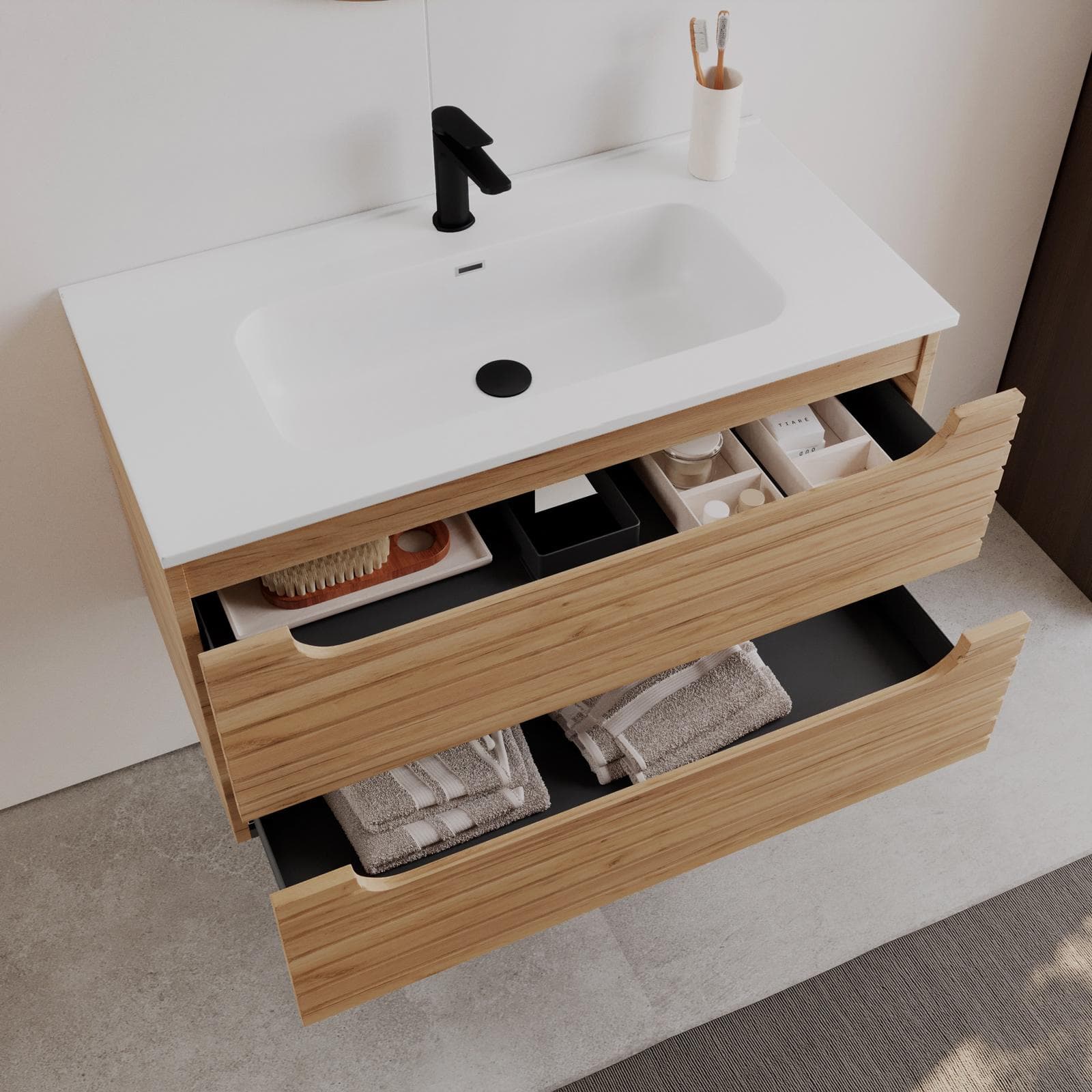 Mobile bagno sospeso 90 cm rovere gold cannettato con cassetti e lavabo con specchio - Deck