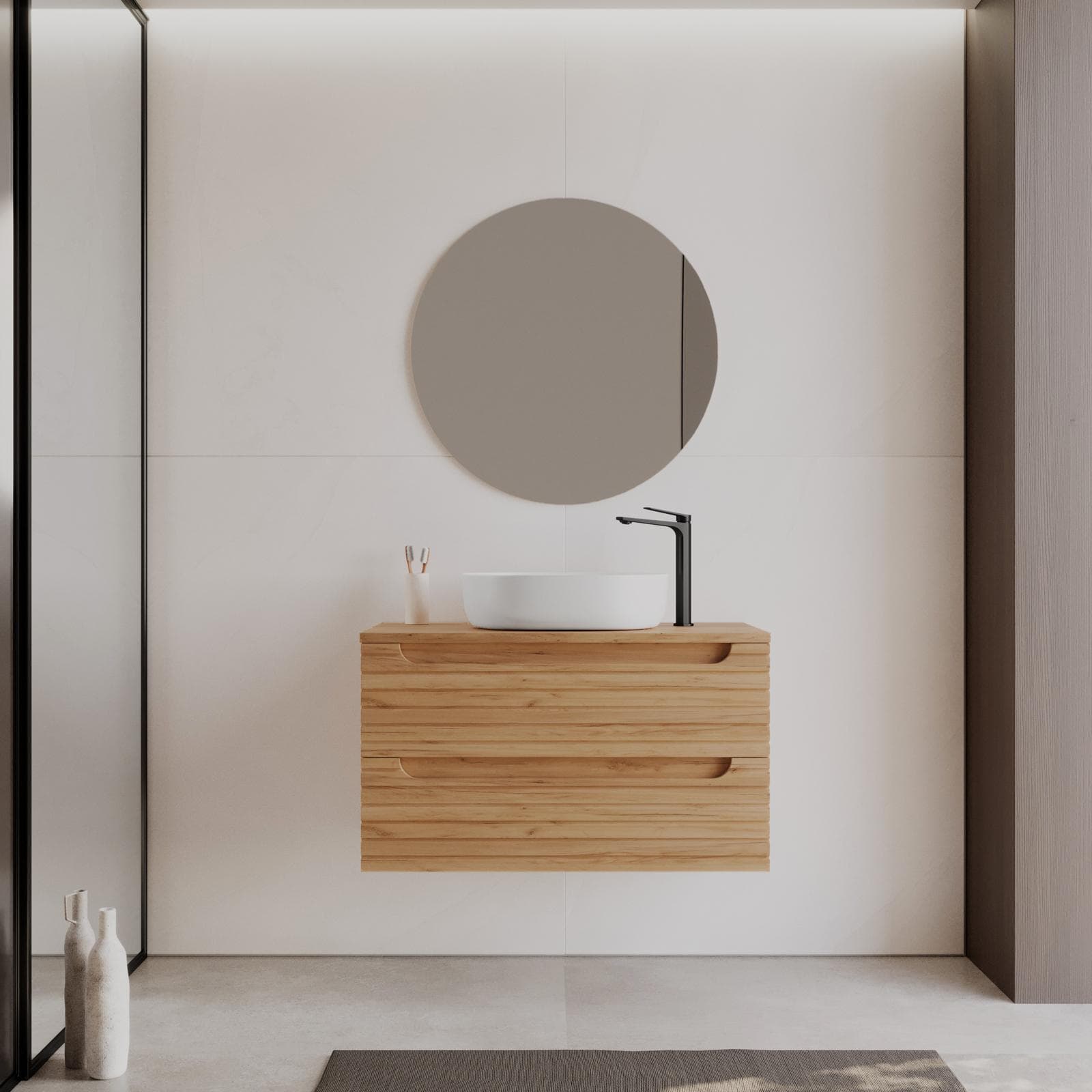 Mobile bagno sospeso 90 cm rovere gold cannettato con cassetti e top con specchio - Deck