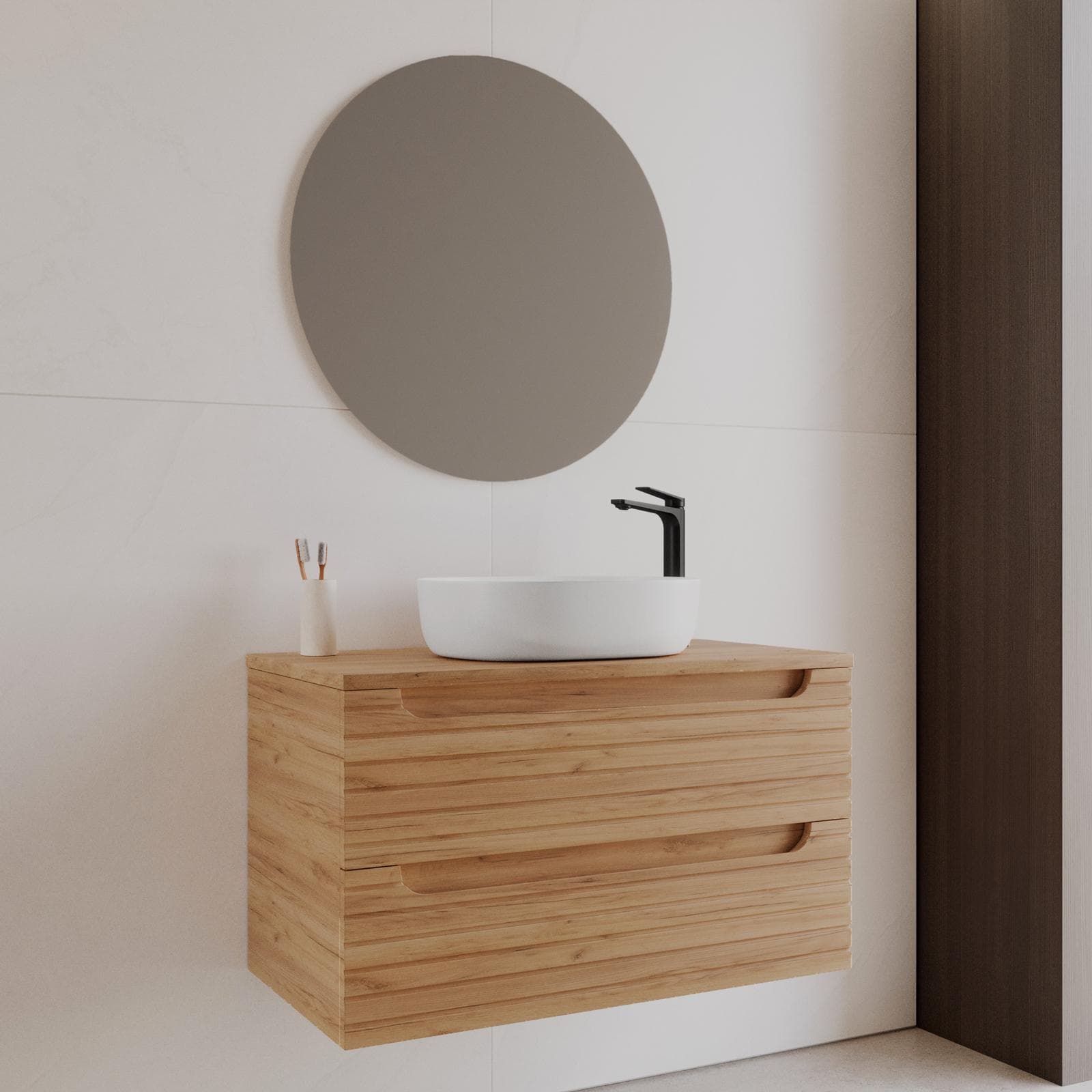Mobile bagno sospeso 90 cm rovere gold cannettato con cassetti e top con specchio - Deck