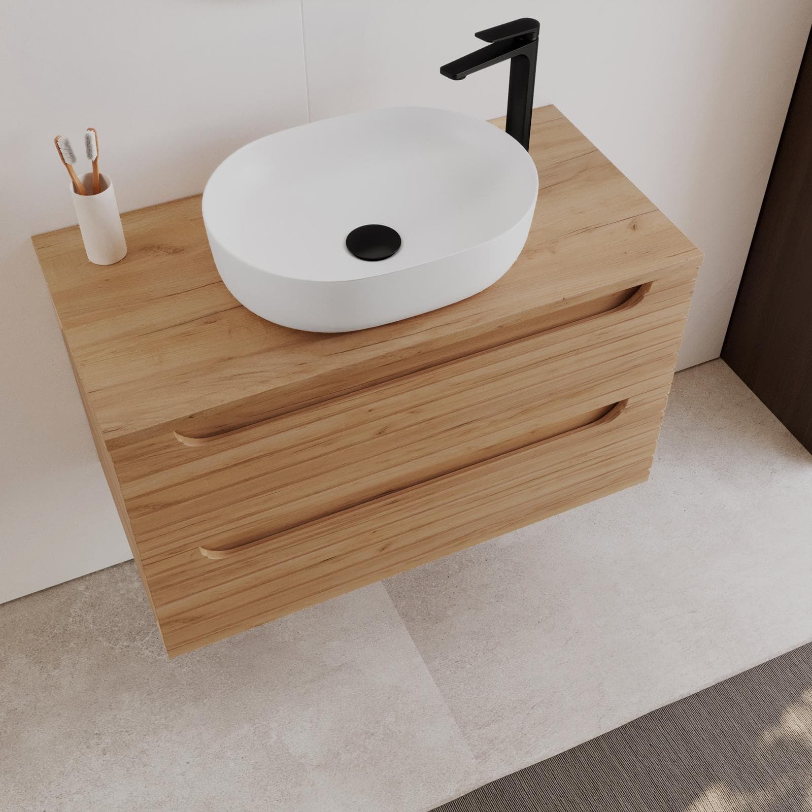 Mobile bagno sospeso 90 cm rovere gold cannettato con cassetti e top con specchio - Deck