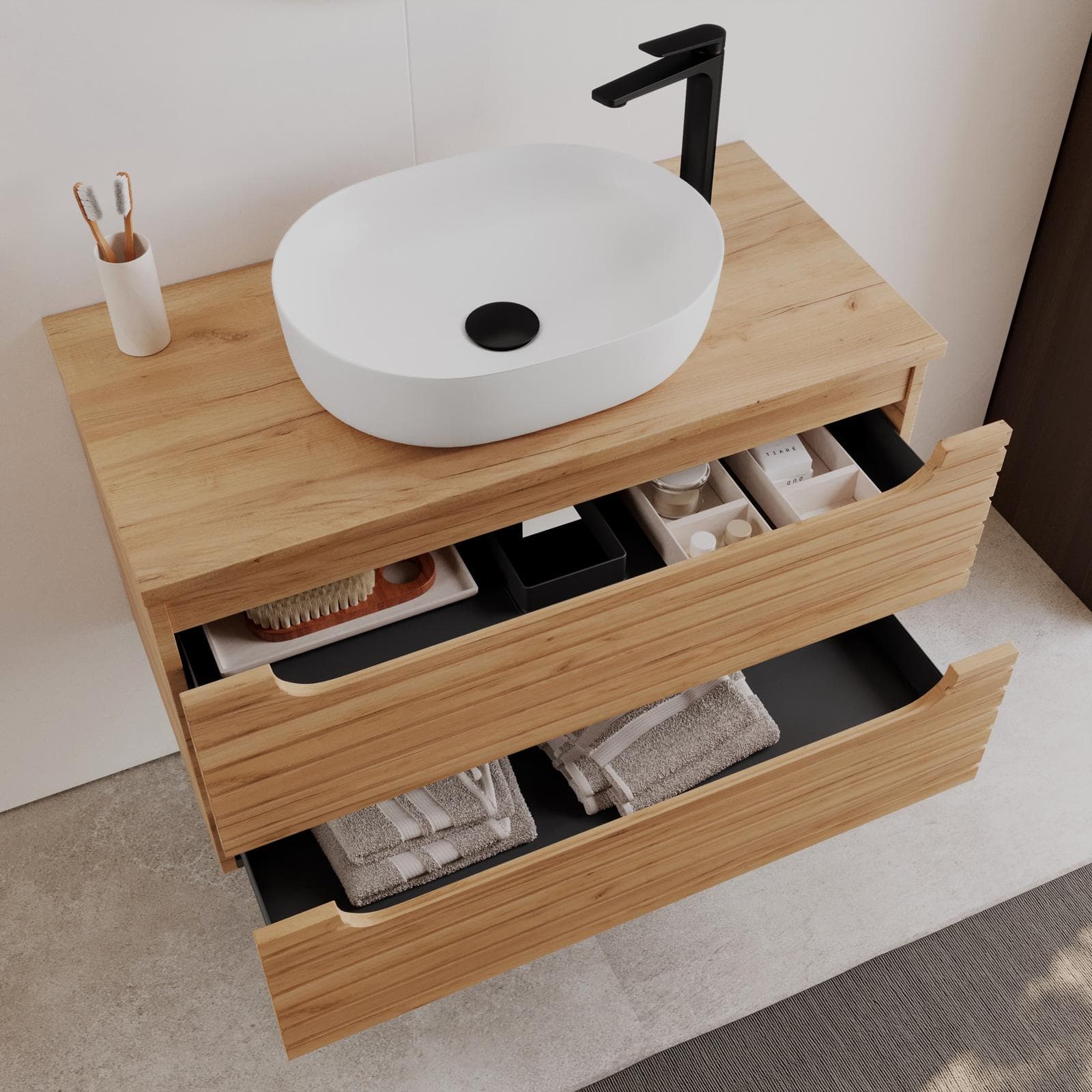 Mobile bagno sospeso 90 cm rovere gold cannettato con cassetti e top con specchio - Deck