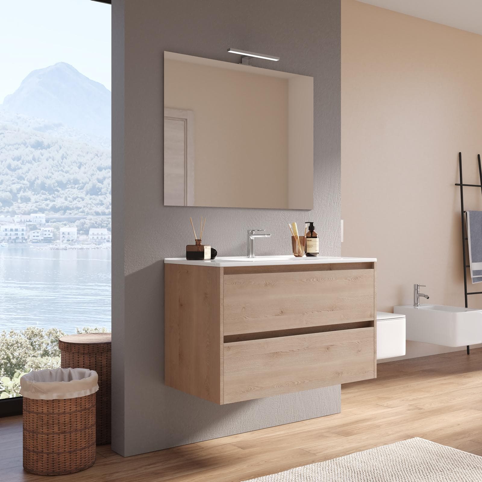 Mobile bagno sospeso 90 cm rovere atlas con lavabo e specchio - Medora