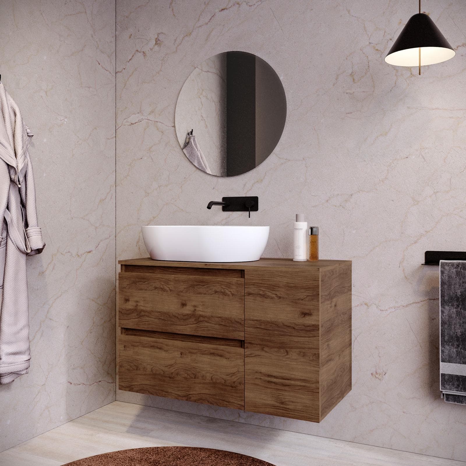 Mobile bagno sospeso 90 cm noce maya con vano reversibile e top con specchio - Anami