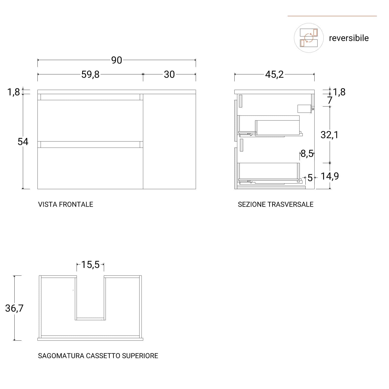 Mobile bagno sospeso 90 cm noce maya con vano reversibile e top con specchio - Anami