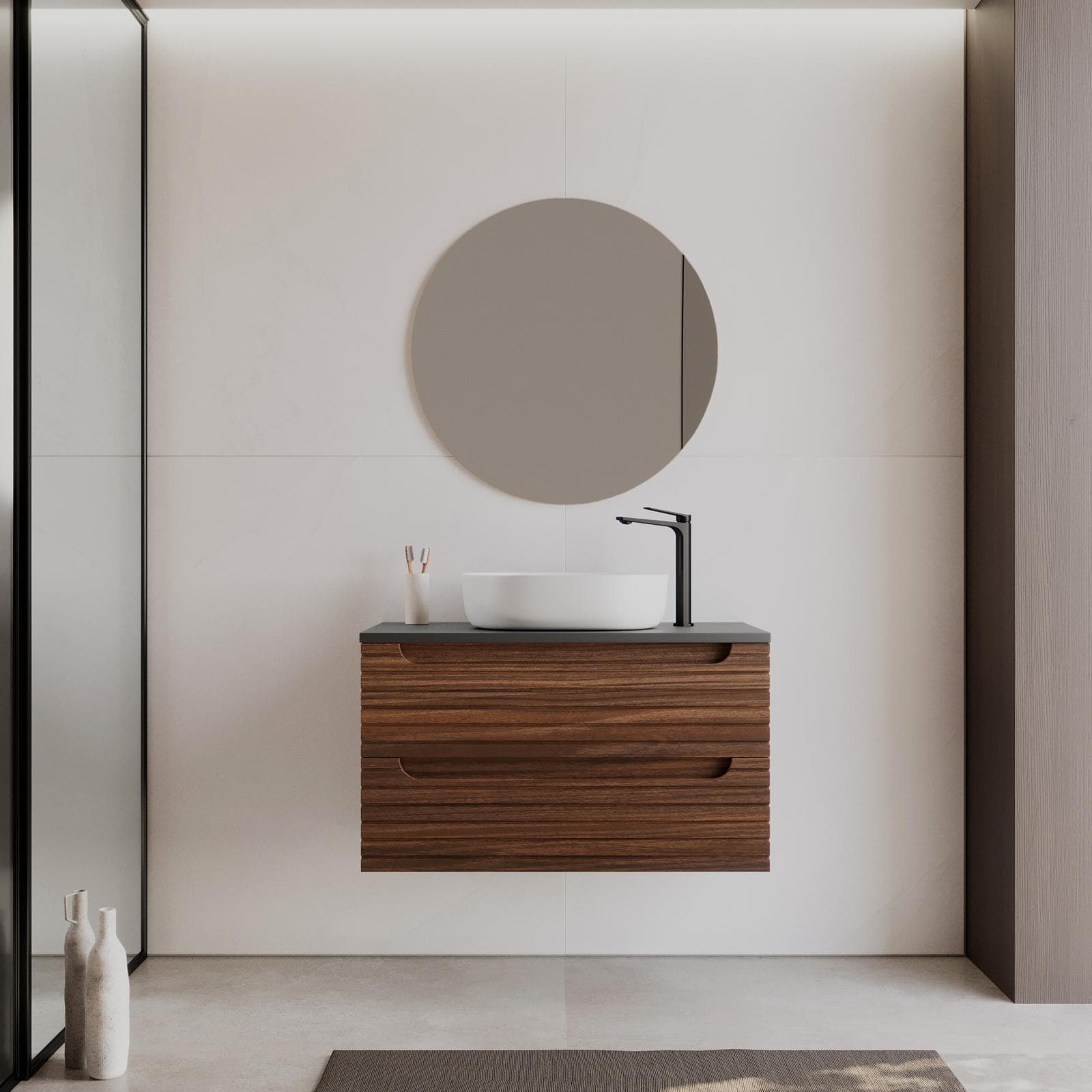 Mobile bagno sospeso 90 cm rovere deciso con cassetti e top antracite con specchio - Deck