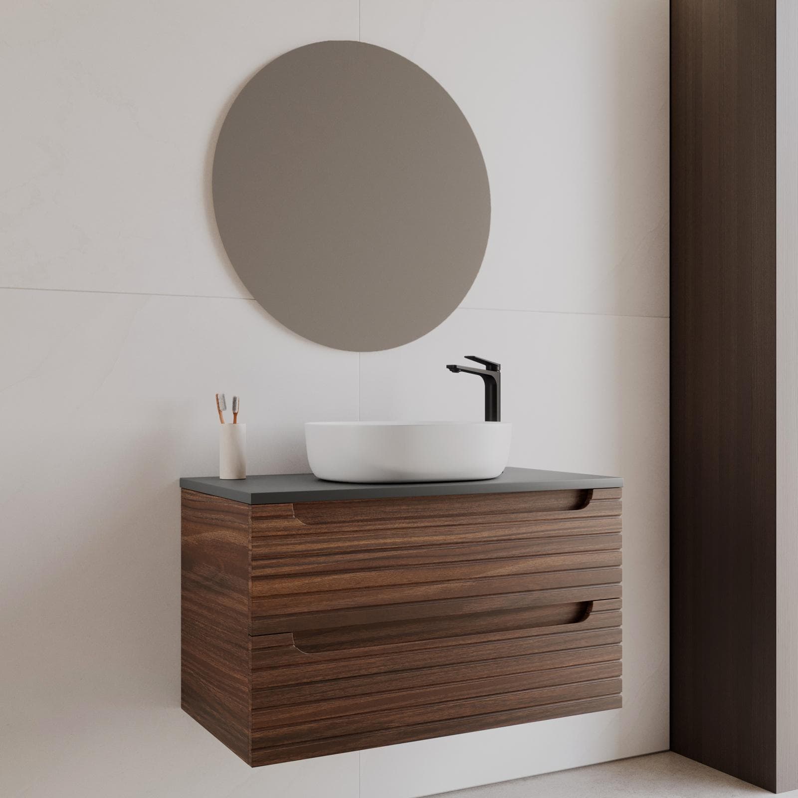 Mobile bagno sospeso 90 cm rovere deciso con cassetti e top antracite con specchio - Deck