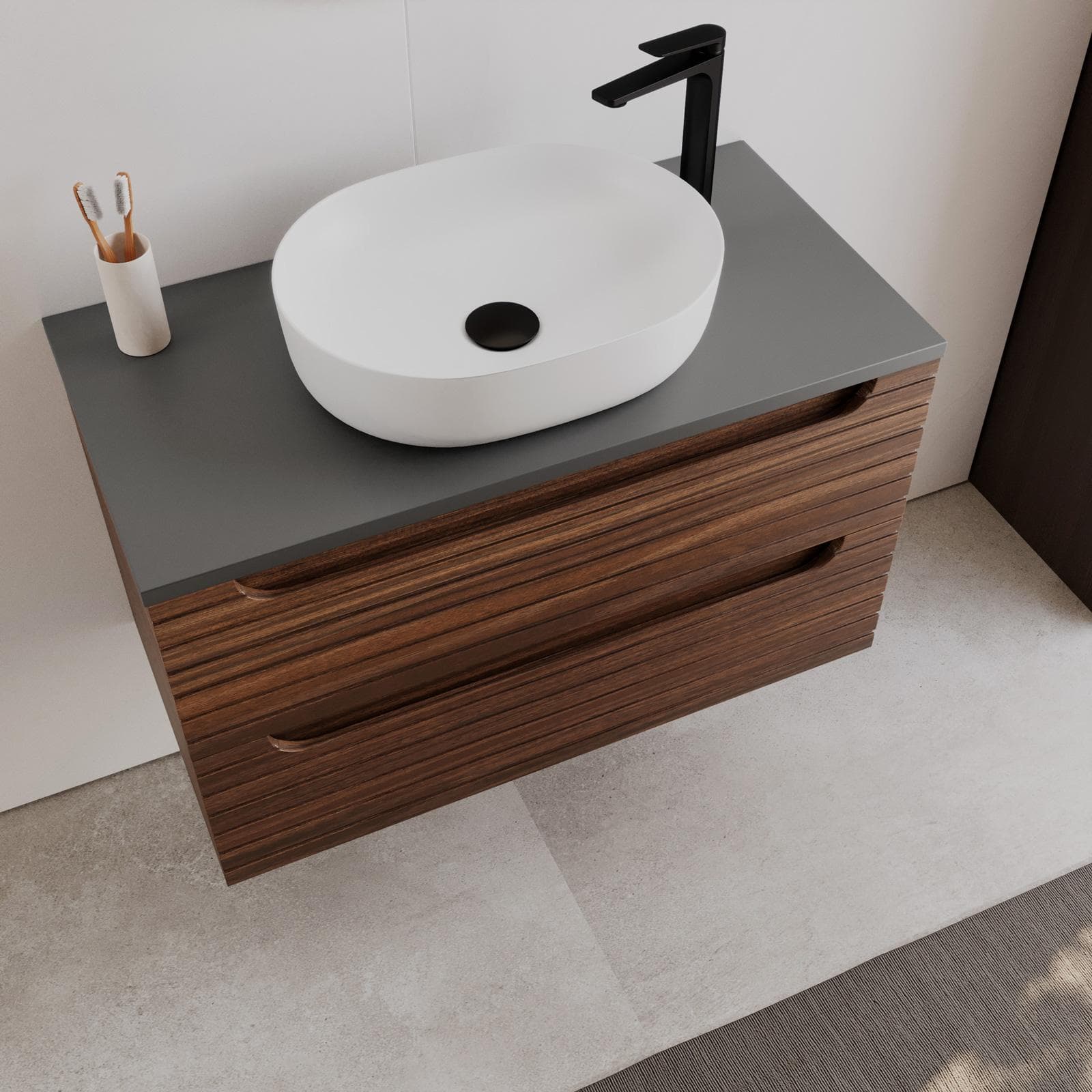 Mobile bagno sospeso 90 cm rovere deciso con cassetti e top antracite con specchio - Deck