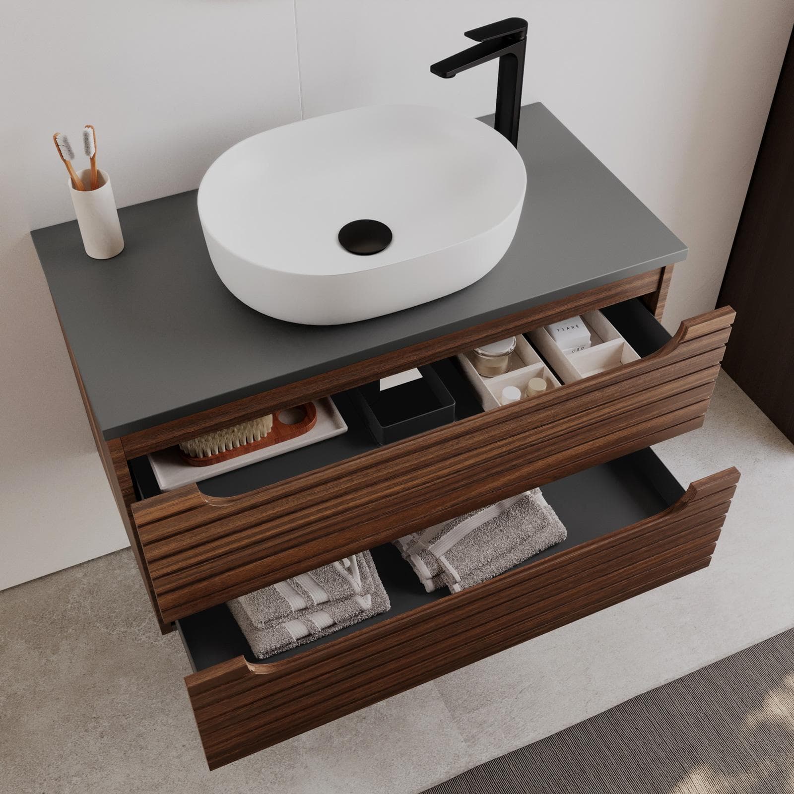 Mobile bagno sospeso 90 cm rovere deciso con cassetti e top antracite con specchio - Deck