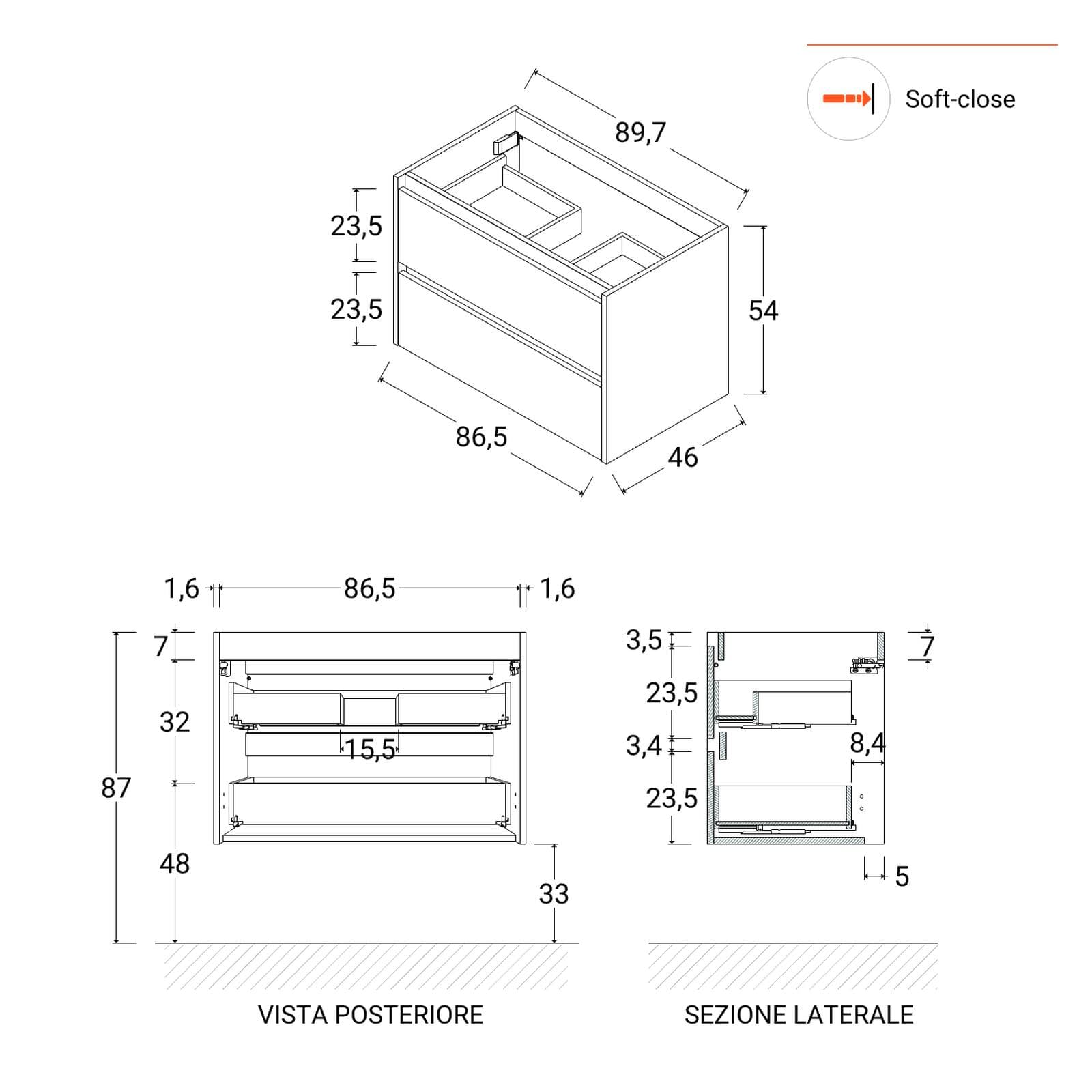 Mobile bagno sospeso 90 cm white satinato con lavabo e specchio - Medora
