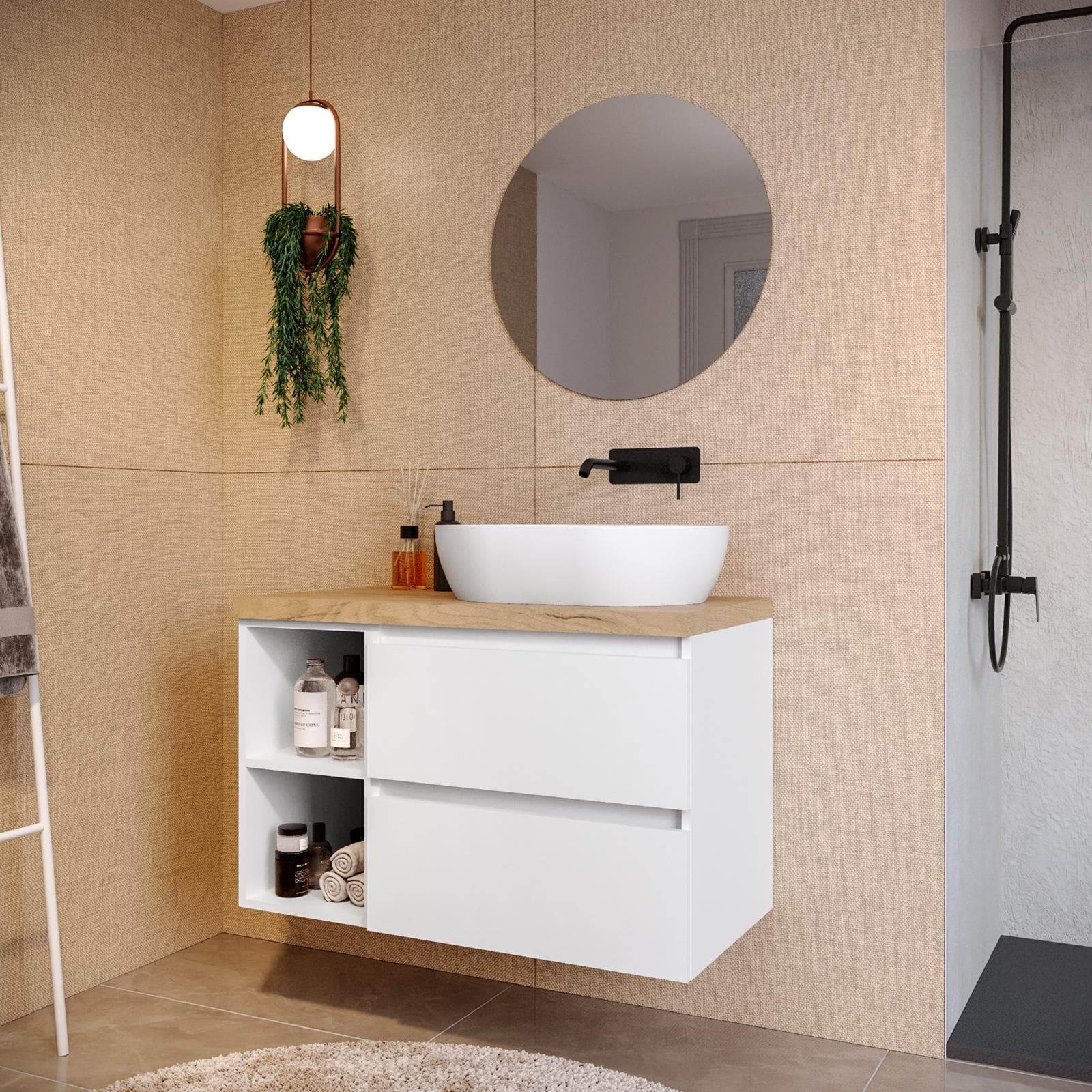 Mobile bagno sospeso 90 cm white satinato con vano a giorno reversibile e top rovere gold con specchio - Anami