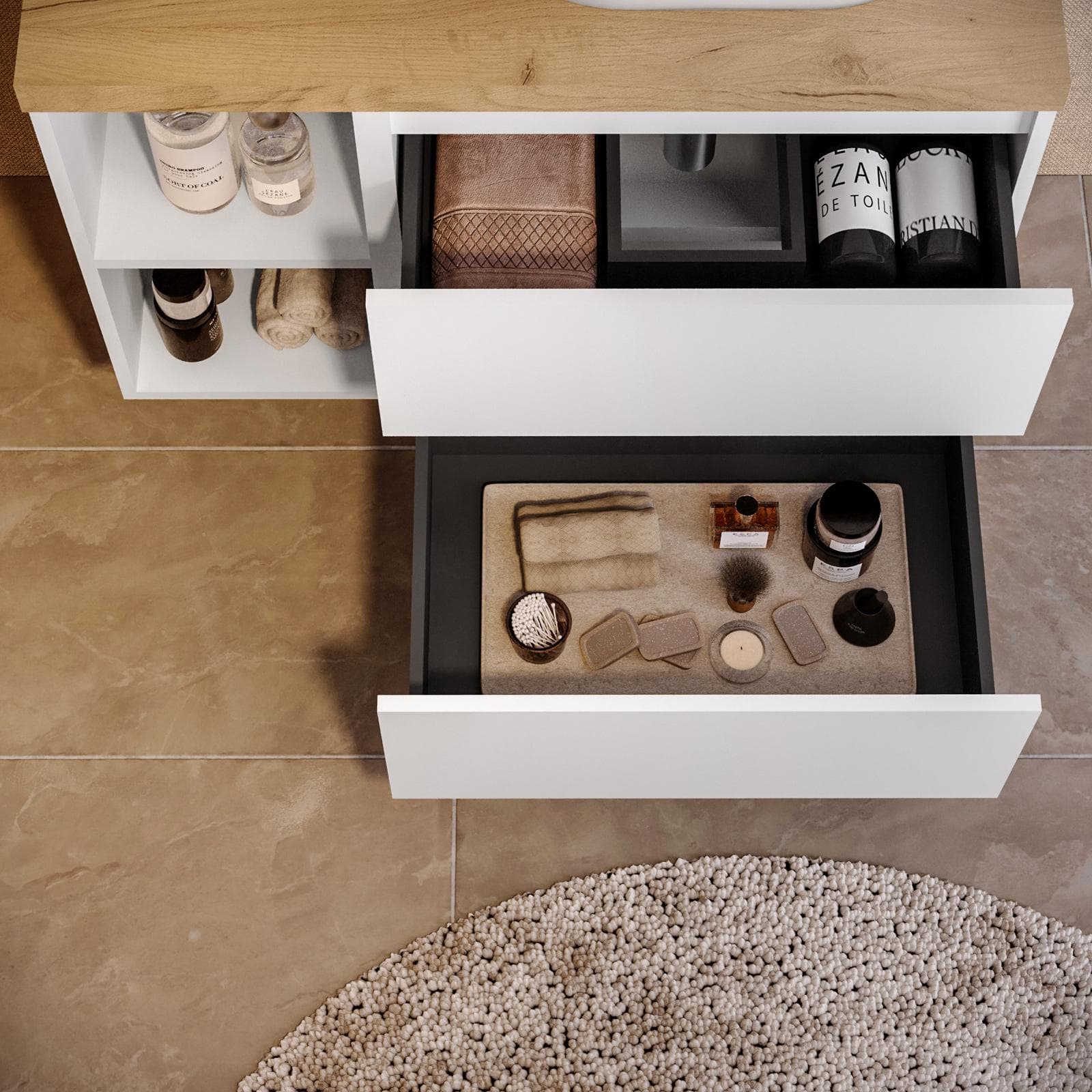 Mobile bagno sospeso 90 cm white satinato con vano a giorno reversibile e top rovere gold con specchio - Anami