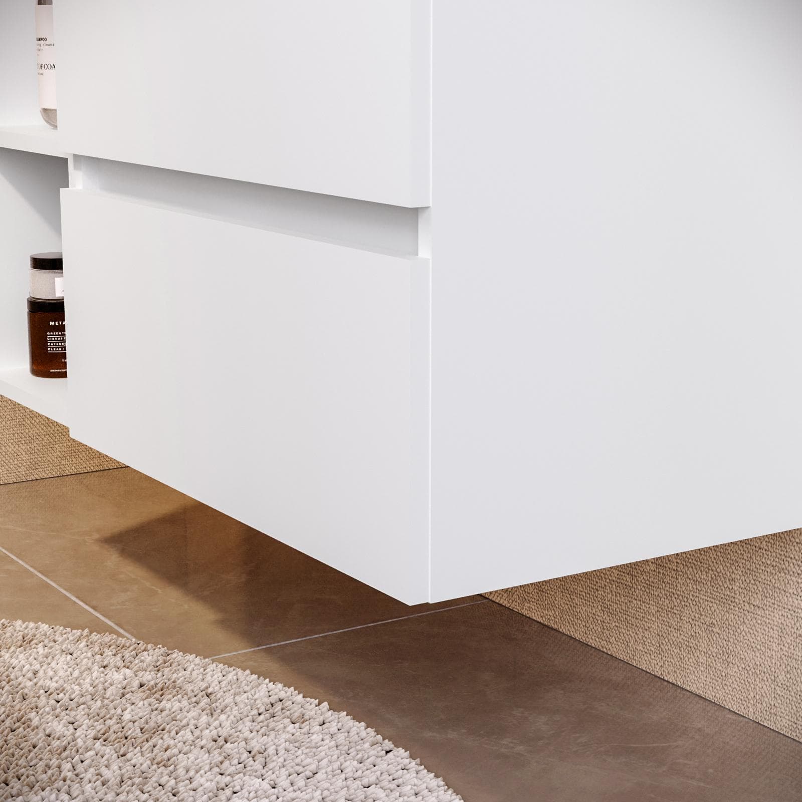Mobile bagno sospeso 90 cm white satinato con vano a giorno reversibile e top rovere gold con specchio - Anami