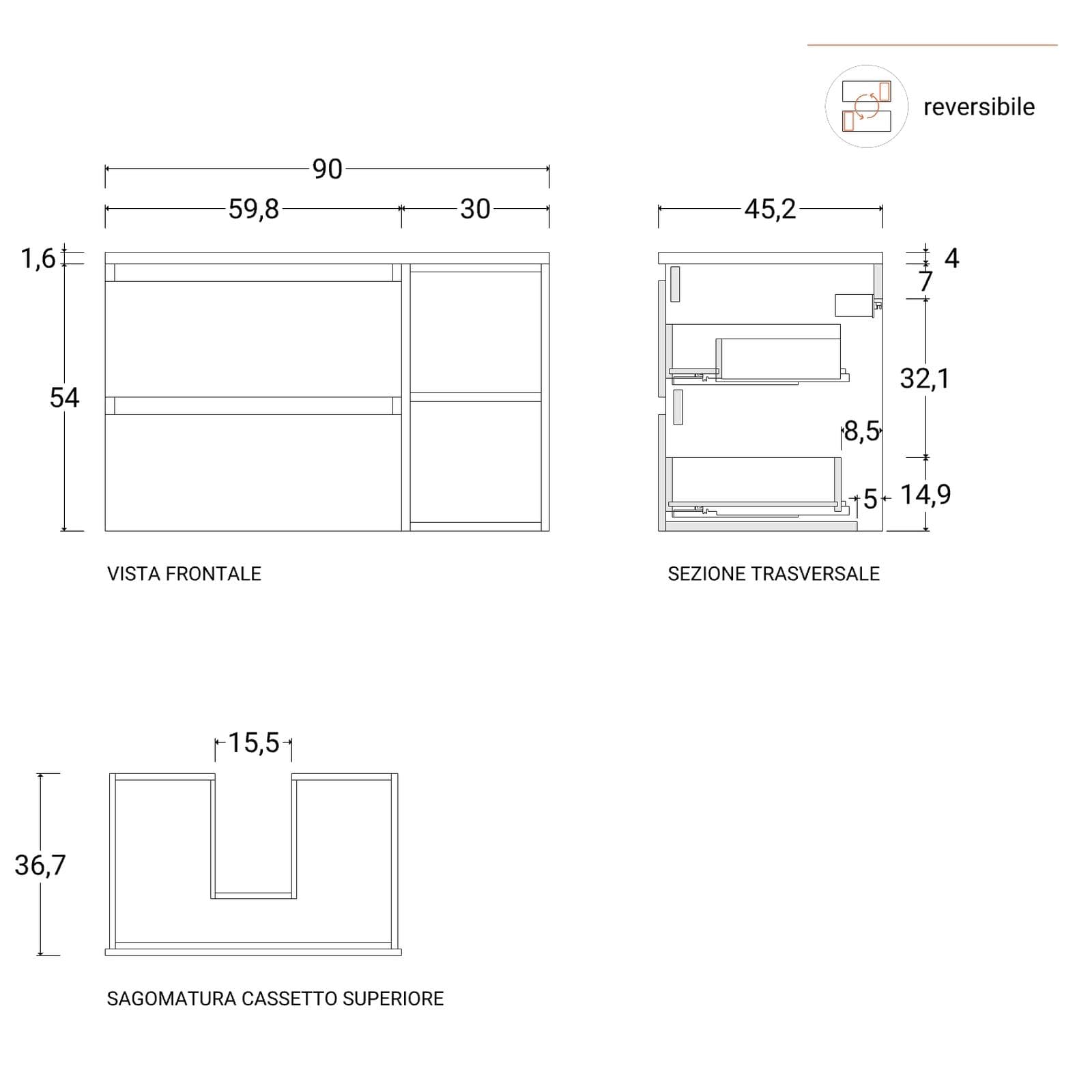 Mobile bagno sospeso 90 cm white satinato con vano a giorno reversibile e top rovere gold con specchio - Anami