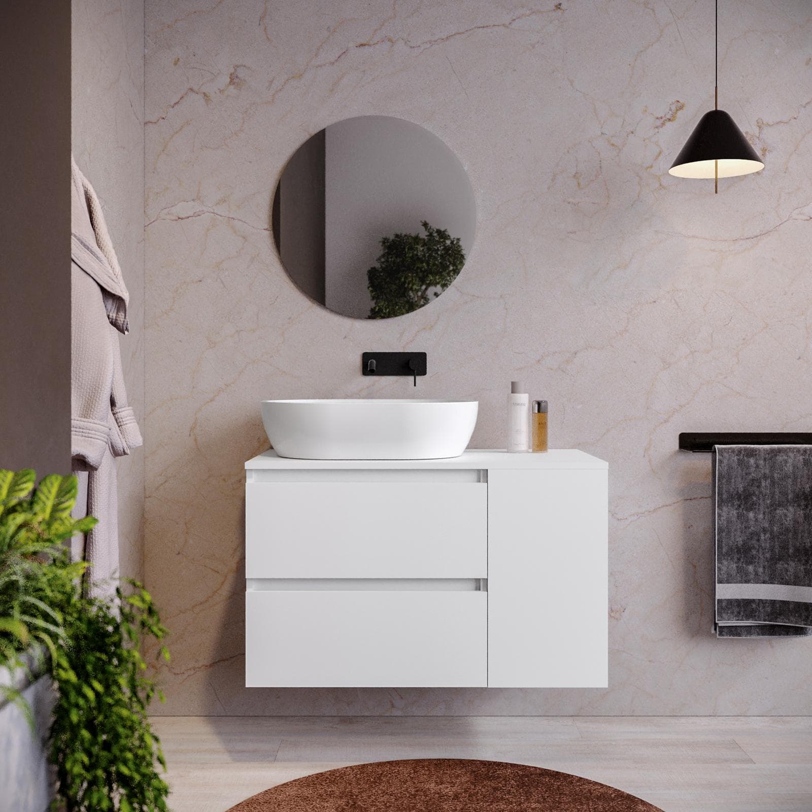 Mobile bagno sospeso 90 cm white satinato con vano reversibile e top con specchio - Anami