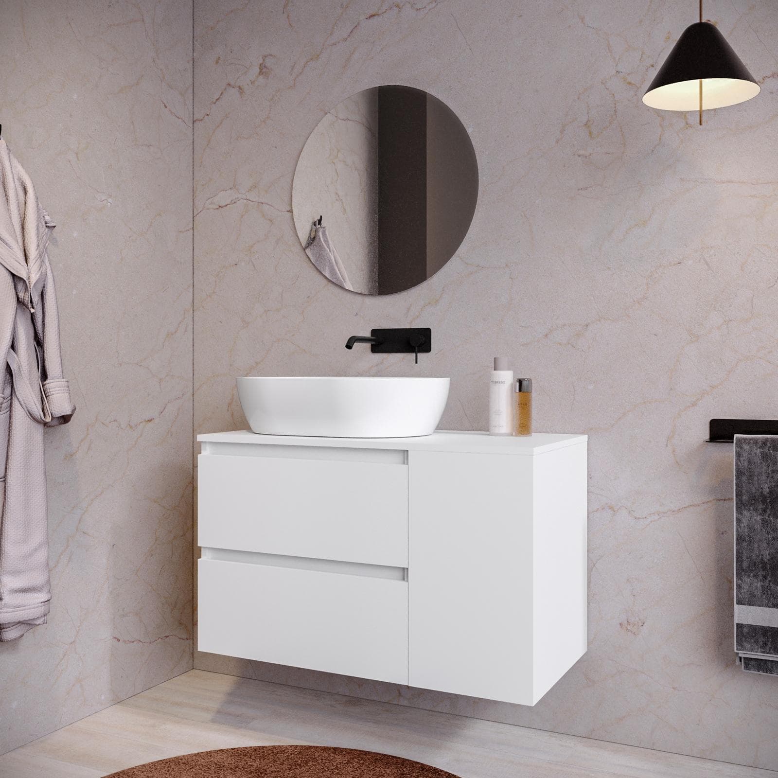 Mobile bagno sospeso 90 cm white satinato con vano reversibile e top con specchio - Anami