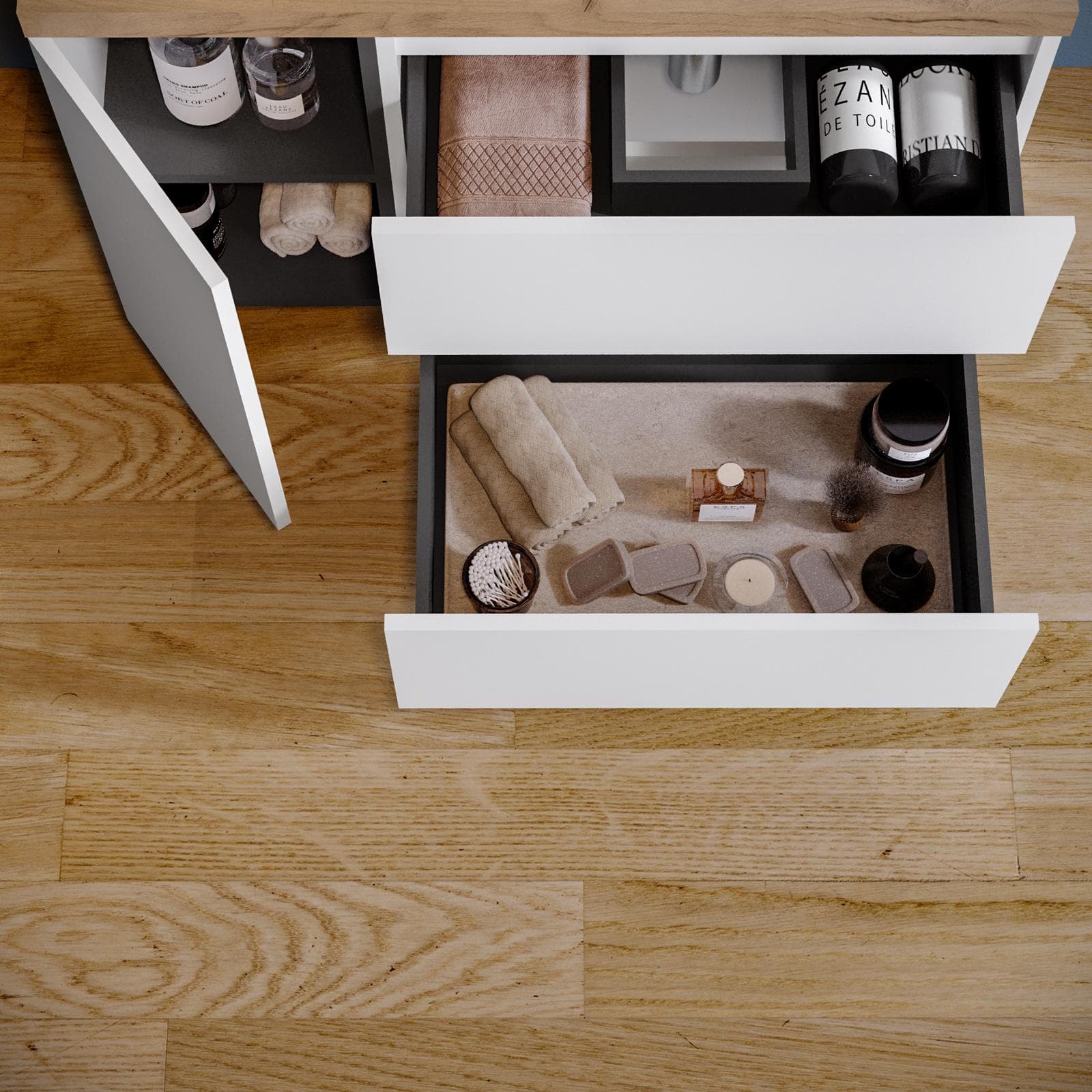 Mobile bagno sospeso 90 cm white satinato con vano reversibile e top rovere gold con specchio - Anami