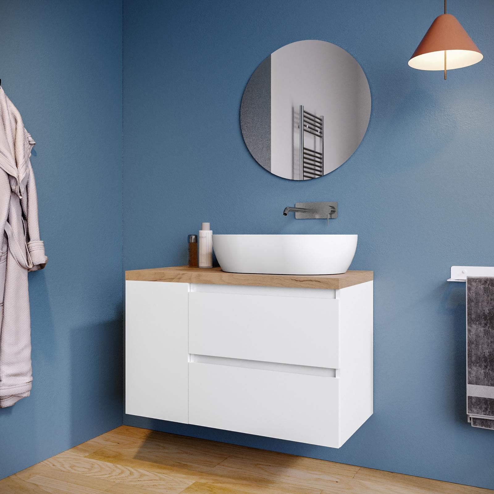 Mobile bagno sospeso 90 cm white satinato con vano reversibile e top rovere gold con specchio - Anami