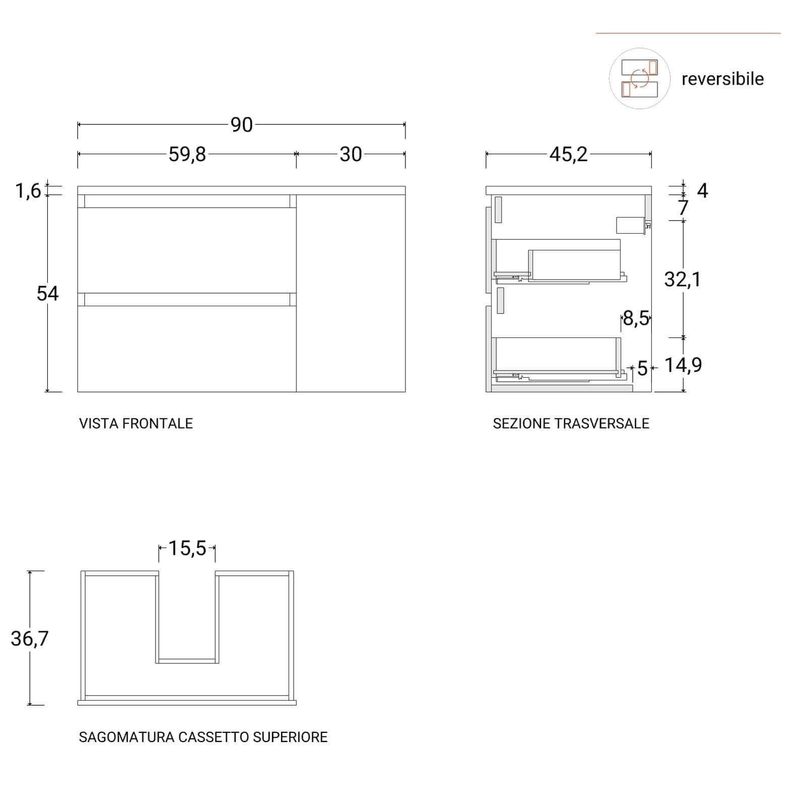 Mobile bagno sospeso 90 cm white satinato con vano reversibile e top rovere gold con specchio - Anami