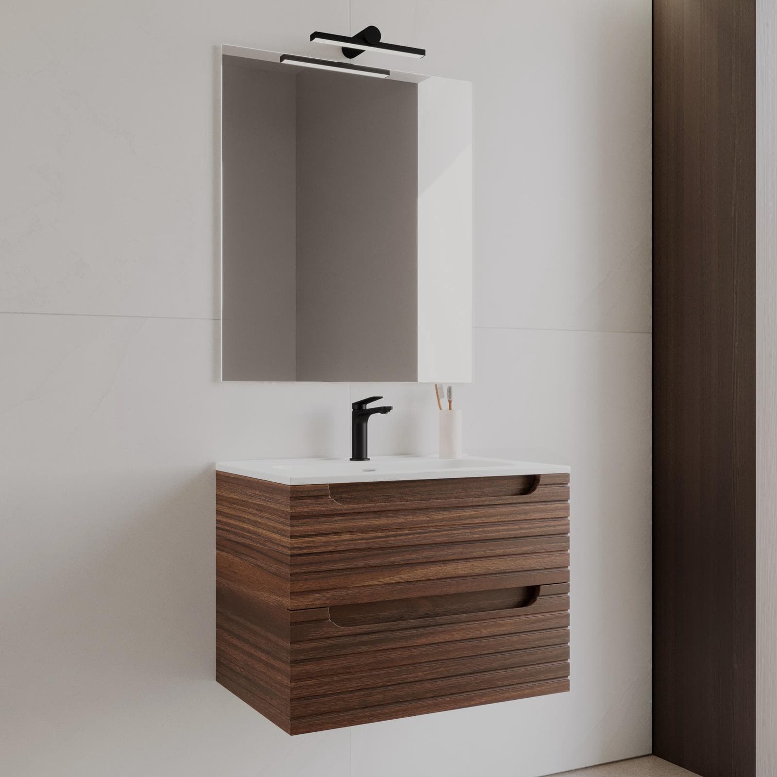 Mobile bagno sospeso 70 cm con cassetti rovere deciso cannettato conlavabo e specchio - Deck