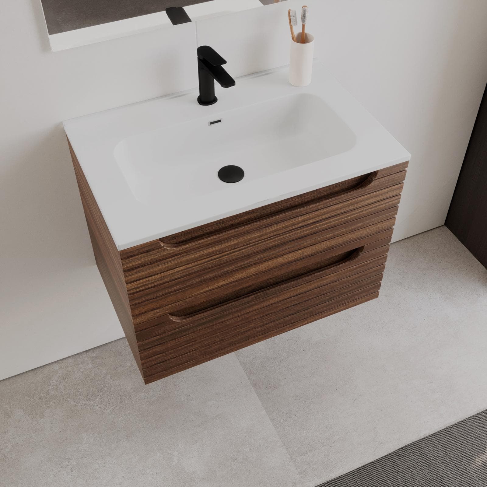 Mobile bagno sospeso 70 cm con cassetti rovere deciso cannettato conlavabo e specchio - Deck