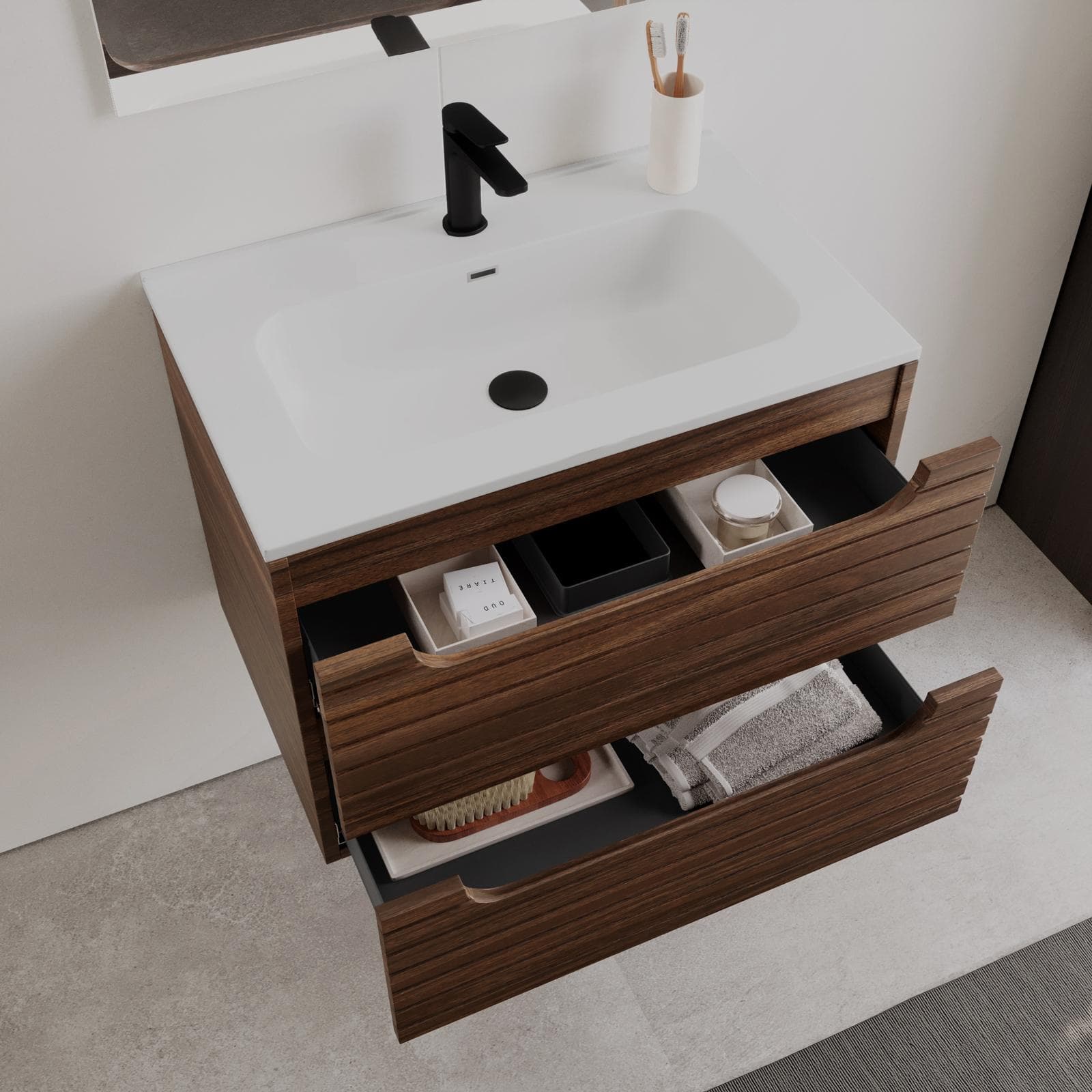 Mobile bagno sospeso 70 cm con cassetti rovere deciso cannettato conlavabo e specchio - Deck